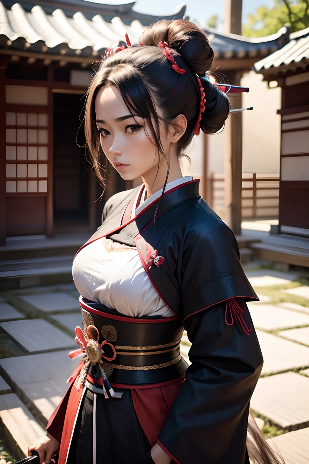 Il est une femme qui porte un costume de samurai japonais