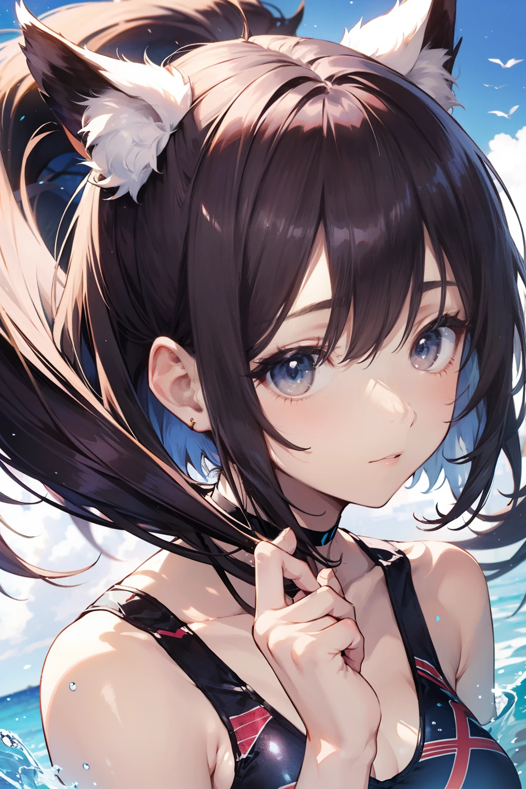 top-quality、Full limbs、complete fingers、Slender beauty、bob cuts、hime-cut、White Shousk swimsuit、Small eyes、Flying in the sky、mid air、Japanese pattern、japanese-inspired、fox