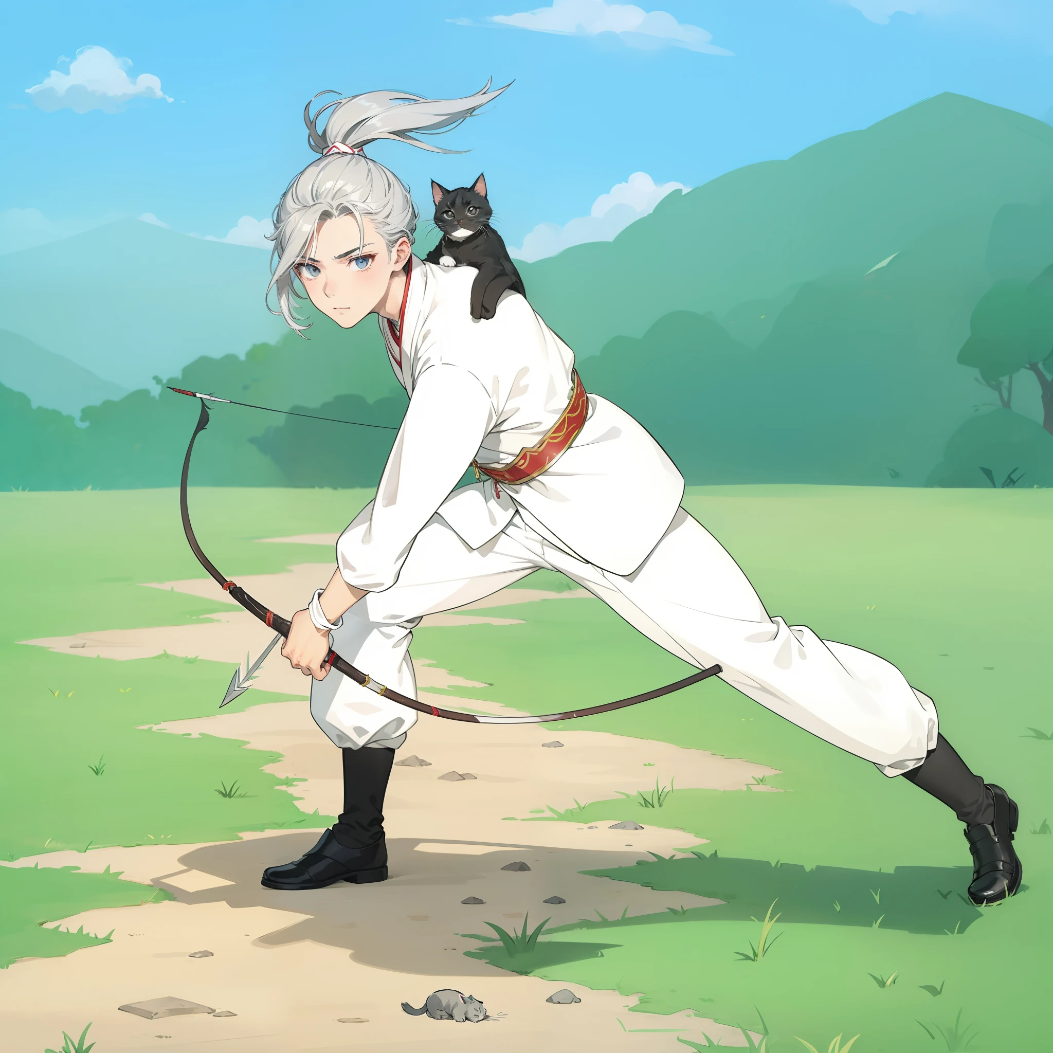 A boy 17 years old with silver hair, wear white wuxia outfit, white pants, wuxia black shoes, chrome hand shield, hold bow in the left hand and arrow in the right hand, there's a little grey cat in his shoulder