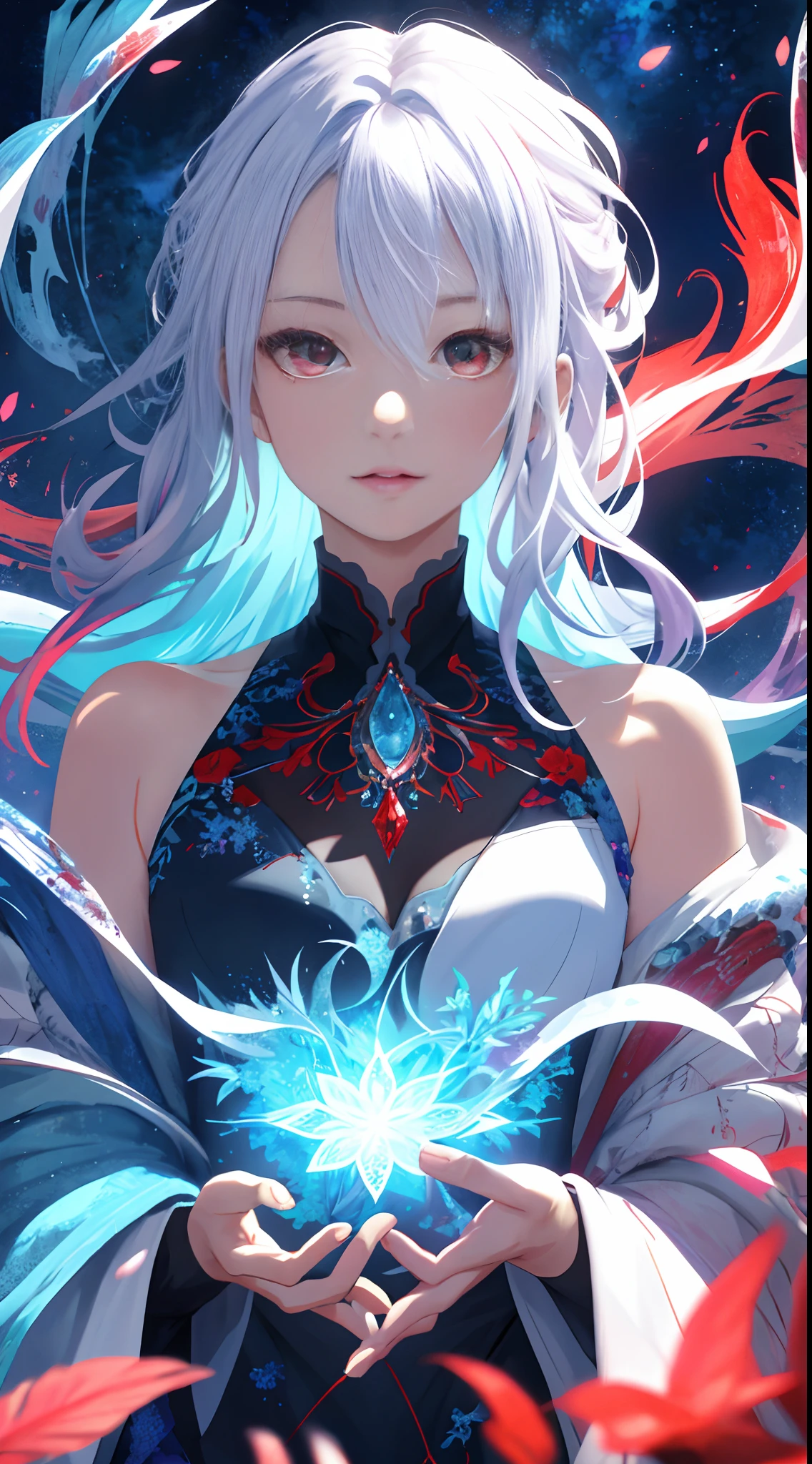 realisticlying、Masterpiece quality、best qualtiy、offcial art、Beauty and aesthetics:1.2、Very detailed fractal art、Colorful abstract background、Girl、Kamimei、The color hair、long whitr hair、luminous red eyes、Mysterious magic、Girl of Ice and Fire,Red and blue color scheme,cinematric light,dynamicposes,upperbody closeup
