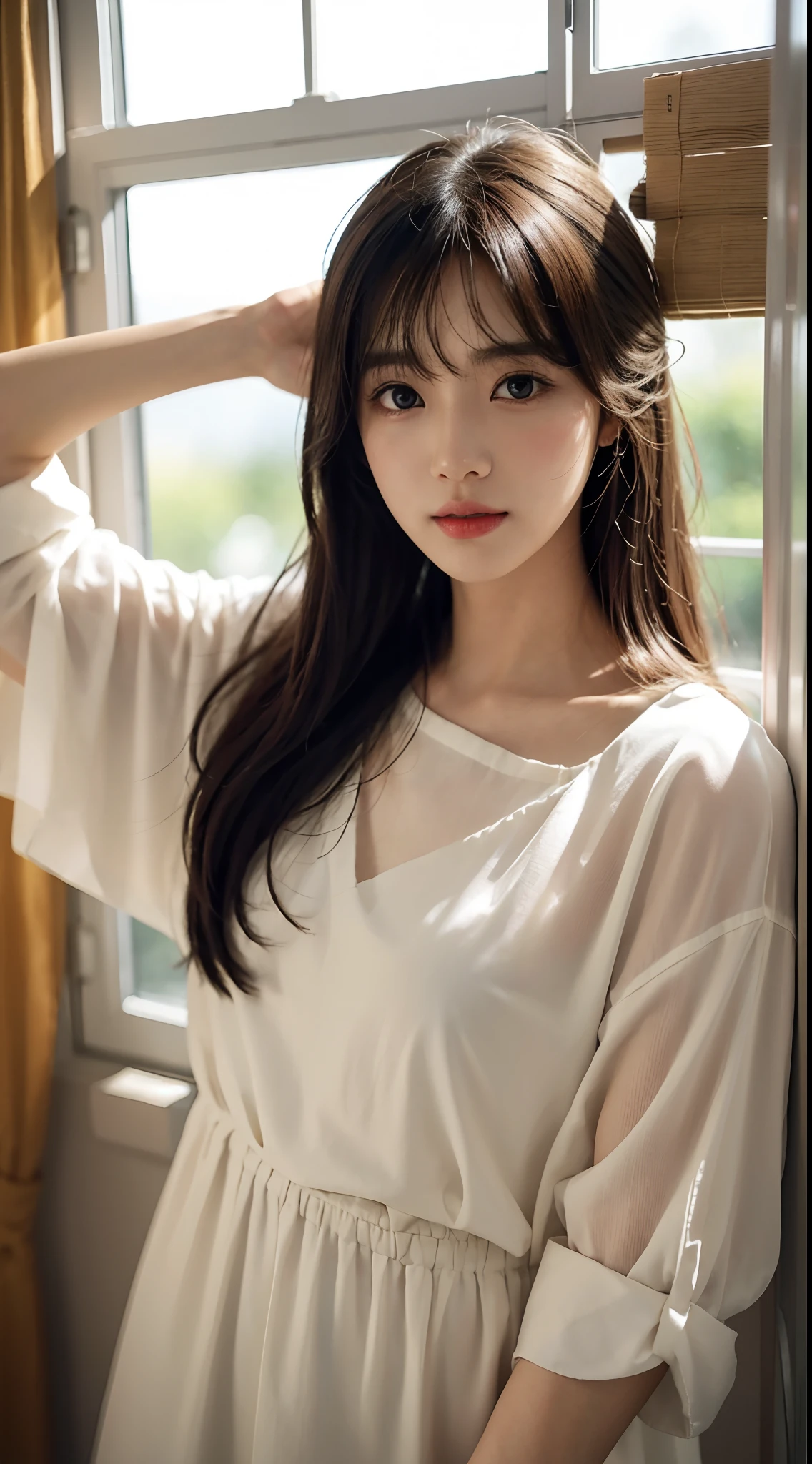 Dressing、(Photo-reality:1.4)、(Hyper-realistic:1.4)、(Real Scene:1.3)、 (Smoother lighting:1.05)、(Improve lighting quality in movies:0.9)、32 k、 1girll、20岁女孩、realistic illumination、The light from the back window is backlighted、Facial light、Ray traching、(Brighten light:1.2)、(enchanced quality:1.4)、 (Top quality true texture skin)、Delicate eyes、Delicate face、 (Exhaustion、Sleepy、satisfied:0.0)、closeup of face、Student clothes:1.3、韓国アイドル、乃木坂アイドル、hposing Gravure Idol (Physical mood improvement:1.1)、Glossy glossy skin、韓国アイドル、乃木坂アイドル、hposing Gravure Idol、self-shot