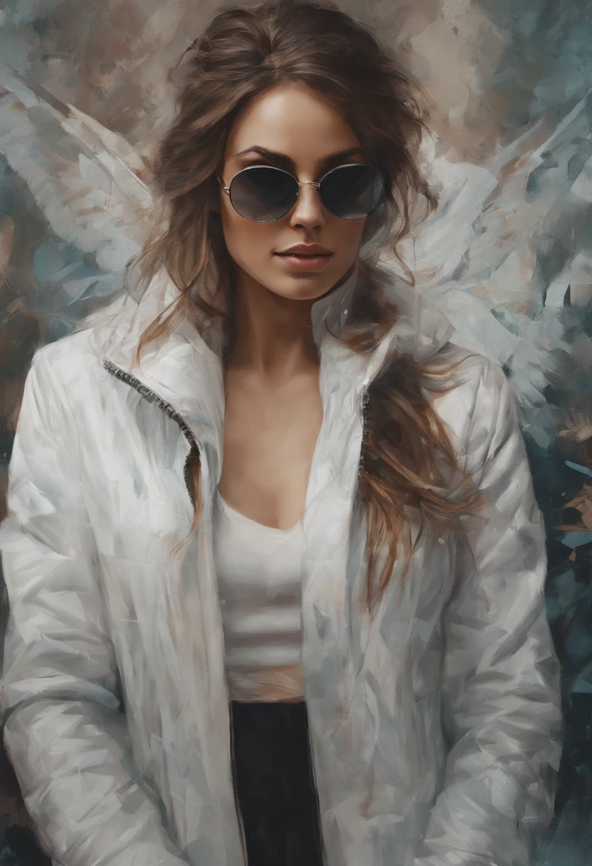 Perfect centralization, mouse bonito, Use uma jaqueta da equipe de estudantes, wearing sunglasses, Usando fones de ouvido, alegria, Standing position, beleza abstrata, Centrado, looking at the camera, Facing the camera, nearing perfection, Dynamic, altamente detalhado, liso, foco nítido, 8k, high-definition resolution, illustration, arte de Carne Griffiths e Wadim Kashin, fundo branco