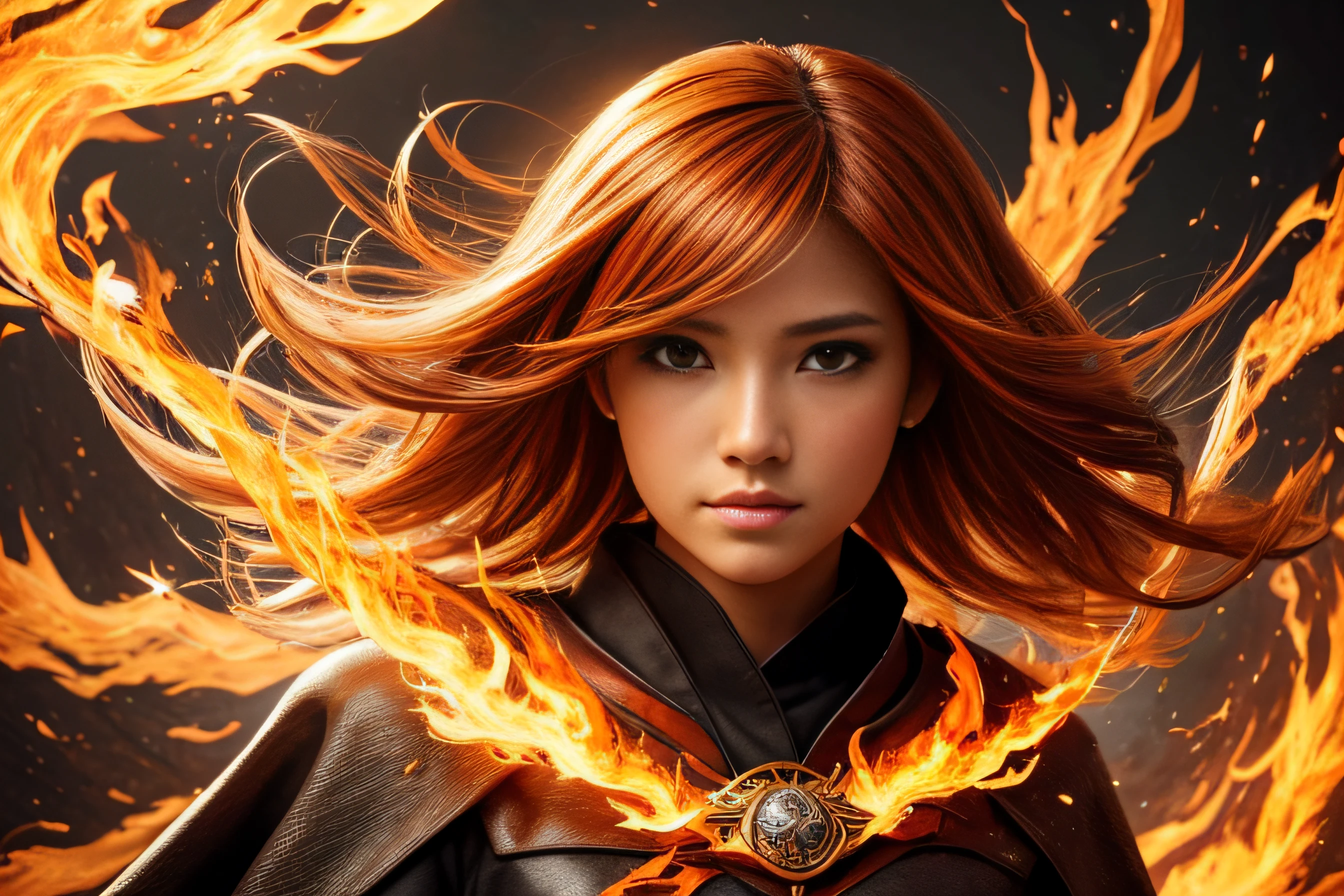 ((Best quality, 16k, Masterpiece: 1.3)), a picture, anime custome style, a Loyal lineage, shiny cloak, detailed skin, summoning the Fire-nine-tails-Fox: 1.3, ((Layered haircut, detailed texture, floating light, orange light: 1.3)), in a Soul realm, cool colors, cinematic, realistic details of a perfect face