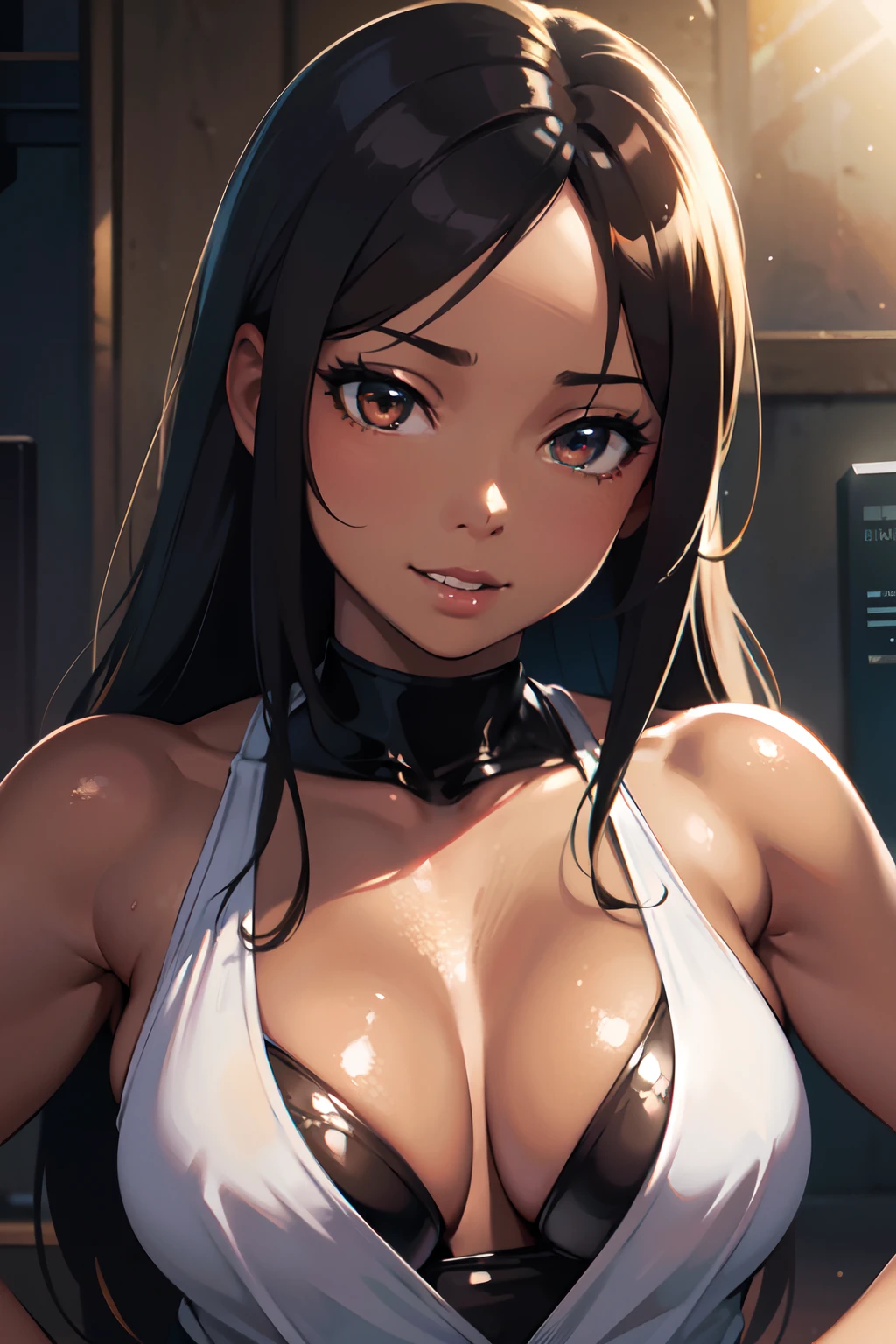 (best quality,highres:1.2),ultra-detailed,(realistic,photorealistic:1.37),beautiful brown skin girl,anime,smirking,looking at the viewer,detailed,high definition,drooling saliva,vivid colors,sharp focus,studio lighting