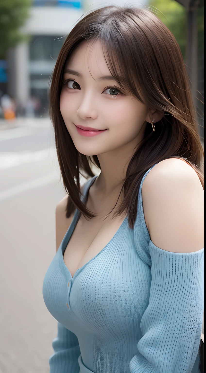masutepiece, Best Quality, Illustration, Ultra-detailed, finely detail, hight resolution, 8K Wallpaper, Perfect dynamic composition, Beautiful detailed eyes,Straight hair,small tits,Natural Color Lip, Bold sexy poses,Smile,Shibuya、20 years girl、Cute、Sexy shot looking at camera、Gravure Model Pose、Hair soaring in the wind