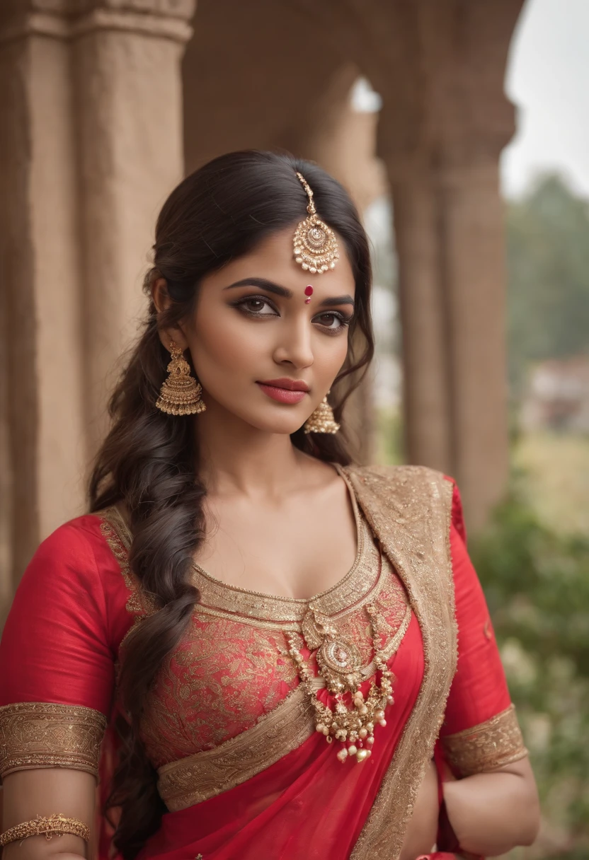 (photorealistic:1.37),indian women,sexy warrior,sword in hand,detailed eyes,detailed lips,long black hair,golden jewelry,flowing fabrics,navel,sexy top wear,vibrant colors,ornate headpiece,ornamental hilt,confident expression,graceful pose,beautiful backdrop,warrior princess