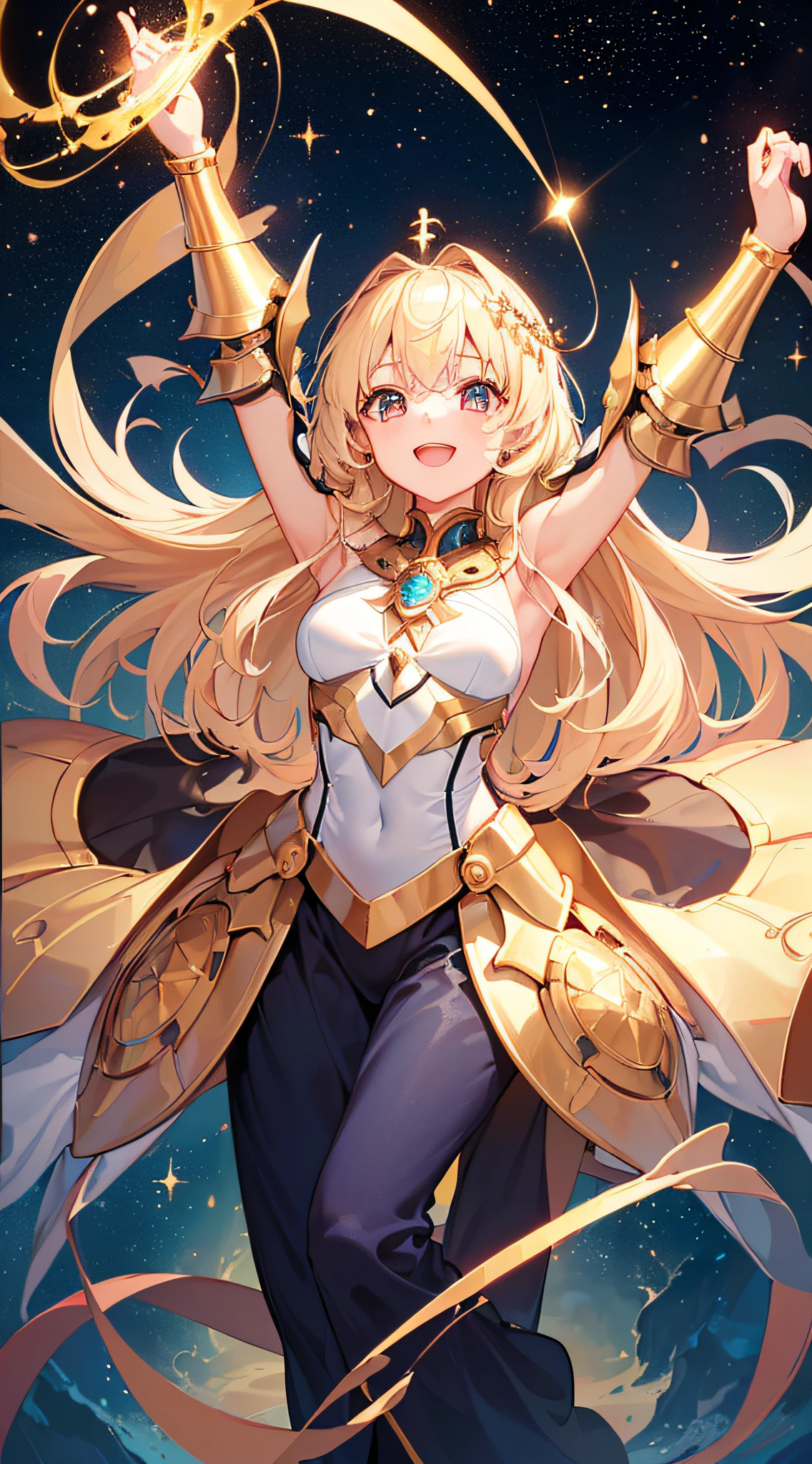 top-quality、Top image quality、​masterpiece、girl with((18year old、Cosmic Metallic Armor、Best Bust、Bust 90、a blond、Semi-long、Glowing eyes、open chest wide、Valley、Happiness、Luminous Chain Accessories、Cosmic Accessories、weightless、fists up、The best smile、Laser from both hands,top down、Reflecting the whole body、Looking up at the viewer）hiquality、visualart、Background with(spaces、stele々、kosmos))、masutepiece、Best graphics、Super delicate