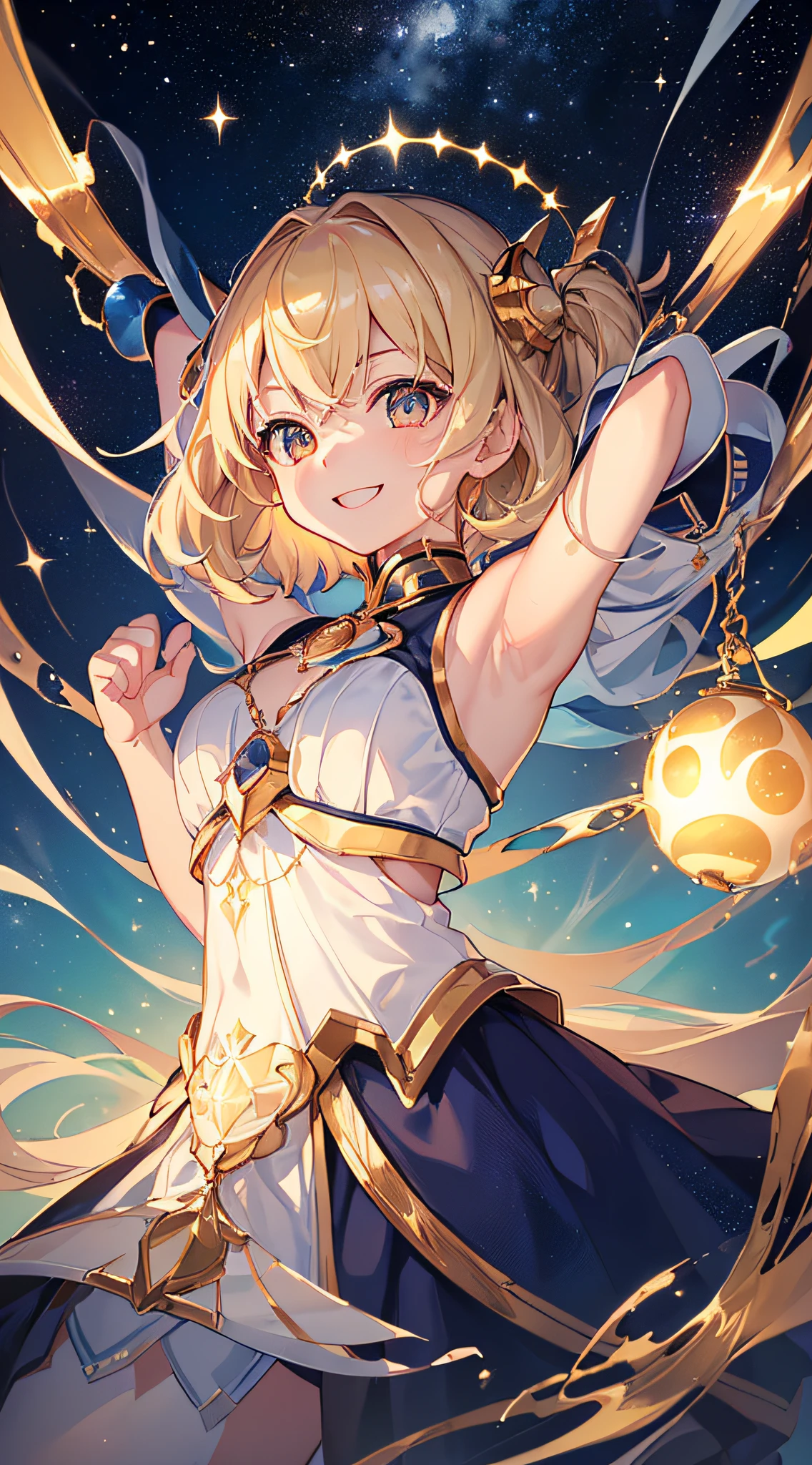 top-quality、Top image quality、masterpiece、girl with((18year old、Cosmic Metallic Armor、Best Bust、Bust 90、a blond、Semi-long、Glowing eyes、open chest wide、Valley、Happiness、Luminous Chain Accessories、Cosmic Accessories、weightless、fists up、The best smile、Laser from both hands,top down、Reflecting the whole body、Looking up at the viewer)hiquality、visualart、Background with(spaces、stele々、kosmos))、masutepiece、Best graphics、Super delicate