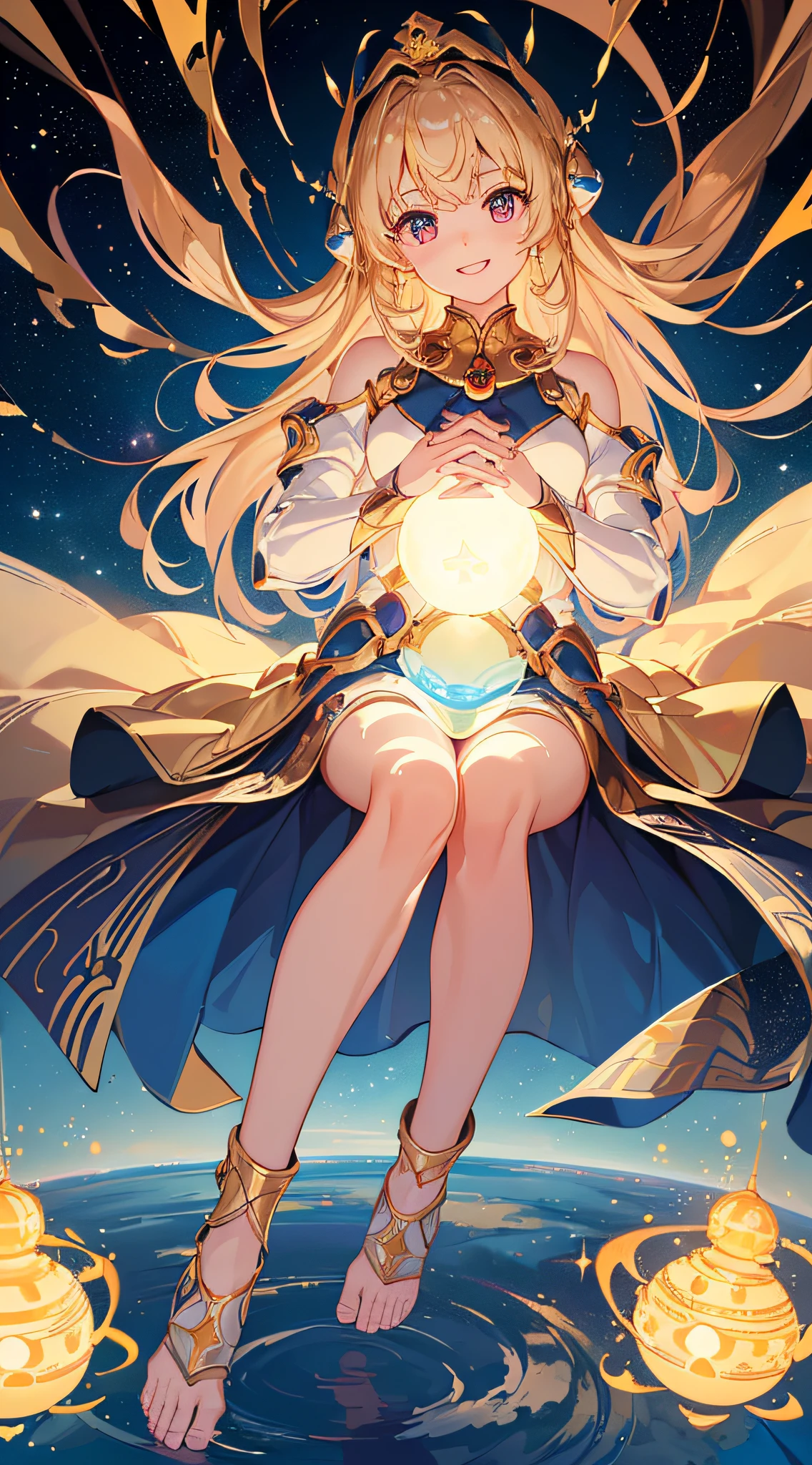 top-quality、Top image quality、masterpiece、girl with((18year old、Cosmic Metallic Armor、Best Bust、Bust 90、a blond、Semi-long、Glowing eyes、open chest wide、Valley、Happiness、Luminous Chain Accessories、Cosmic Accessories、weightless、fists up、The best smile、Laser from both hands,top down、Reflecting the whole body、Looking up at the viewer)hiquality、visualart、Background with(spaces、stele々、kosmos))、masutepiece、Best graphics、Super delicate