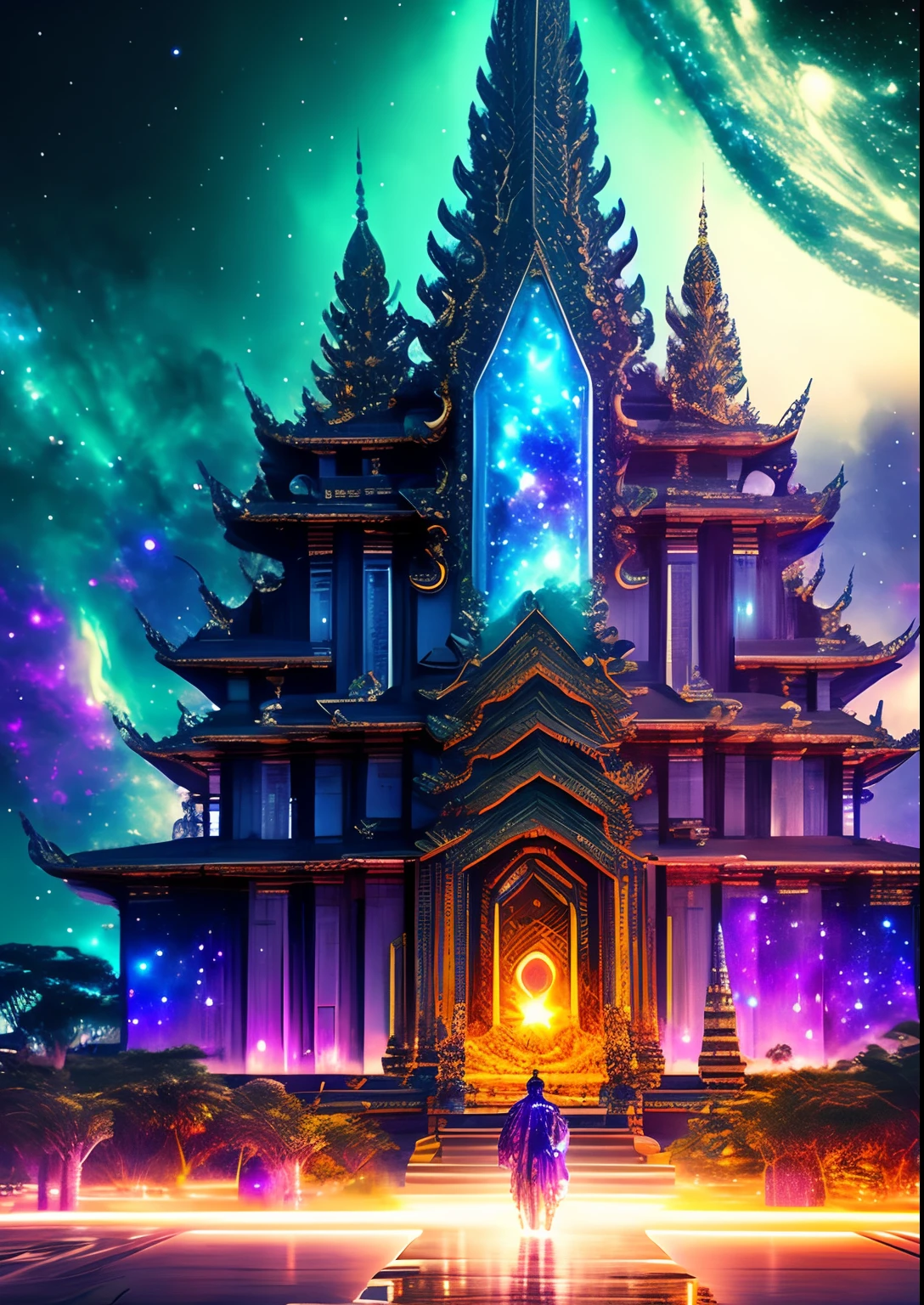 dreamlikeart, galaxy, outer space, nebula, star, [cyberpunked] Thai Temple from the Stars (star:1.5),