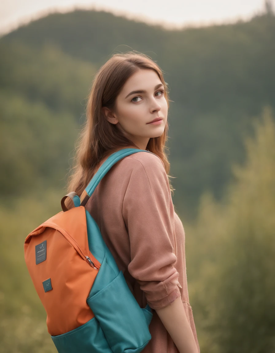 (Beautiful skyline, Herrlicher Himmel), (Dramatische und dramatische Grafiken, Bewegte Visuals), (Hanging North Star, colorful natural light), (an 18-year-old beautiful girl, bust), (casual dress, mit Rucksack), (Kanadischer orangefarbener Ahornblatt-Berghintergrund)),upper body