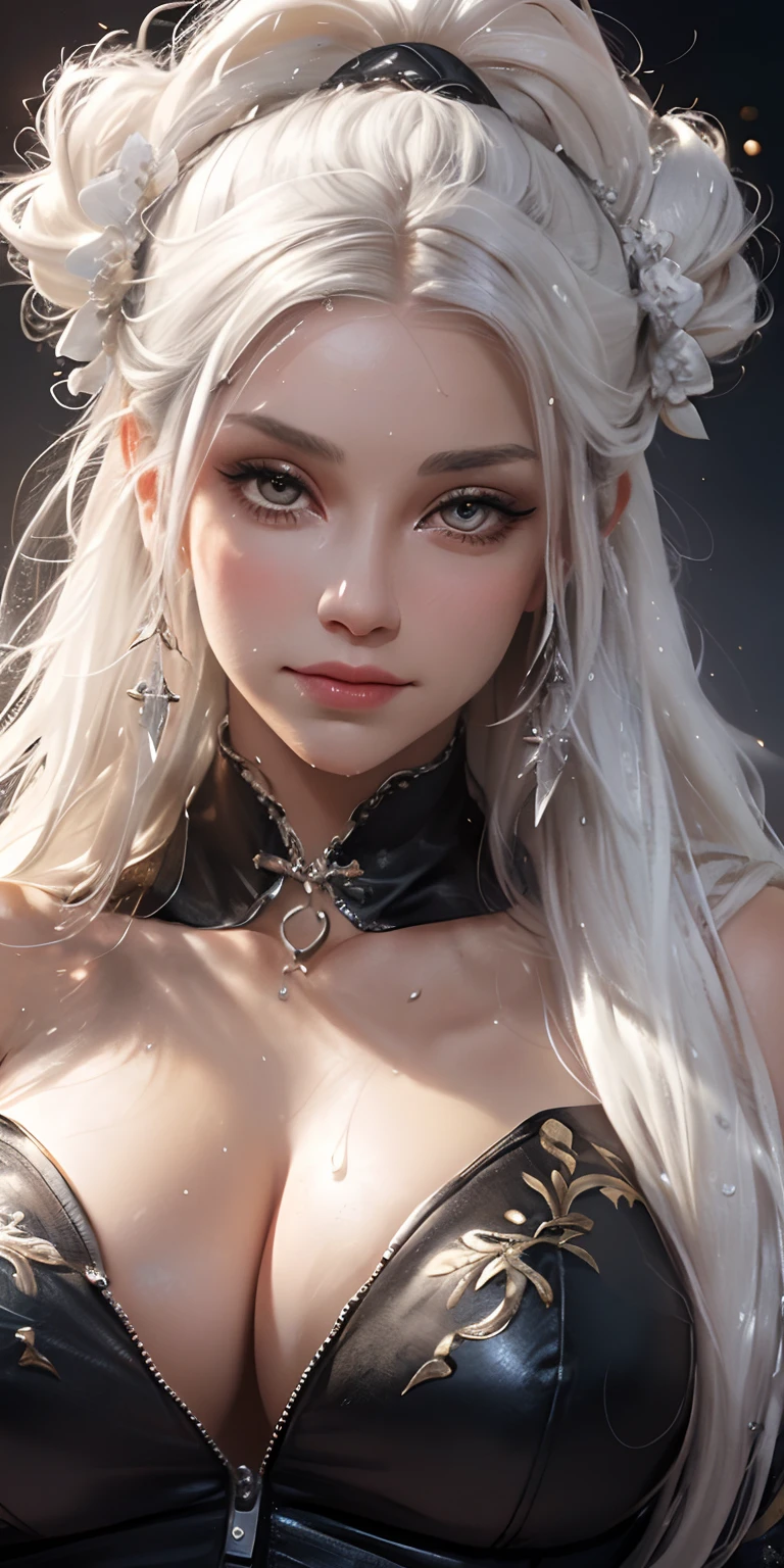 Close up portrait of woman with white hair and white mask,beautiful character painting,white haired god,By Jan J,Magnificent and beautiful character art,Stunning character art,Fan Qi,Wu Jun Sifan,Gouvitz on the pixiv art station,Fine quality eyes,Fine face,Quality eye quality,(delight,Be red in the face),gigantic cleavage breasts,Raised ,whole body Dripping wet,Pose with your hips facing yourself,cleavage a smile