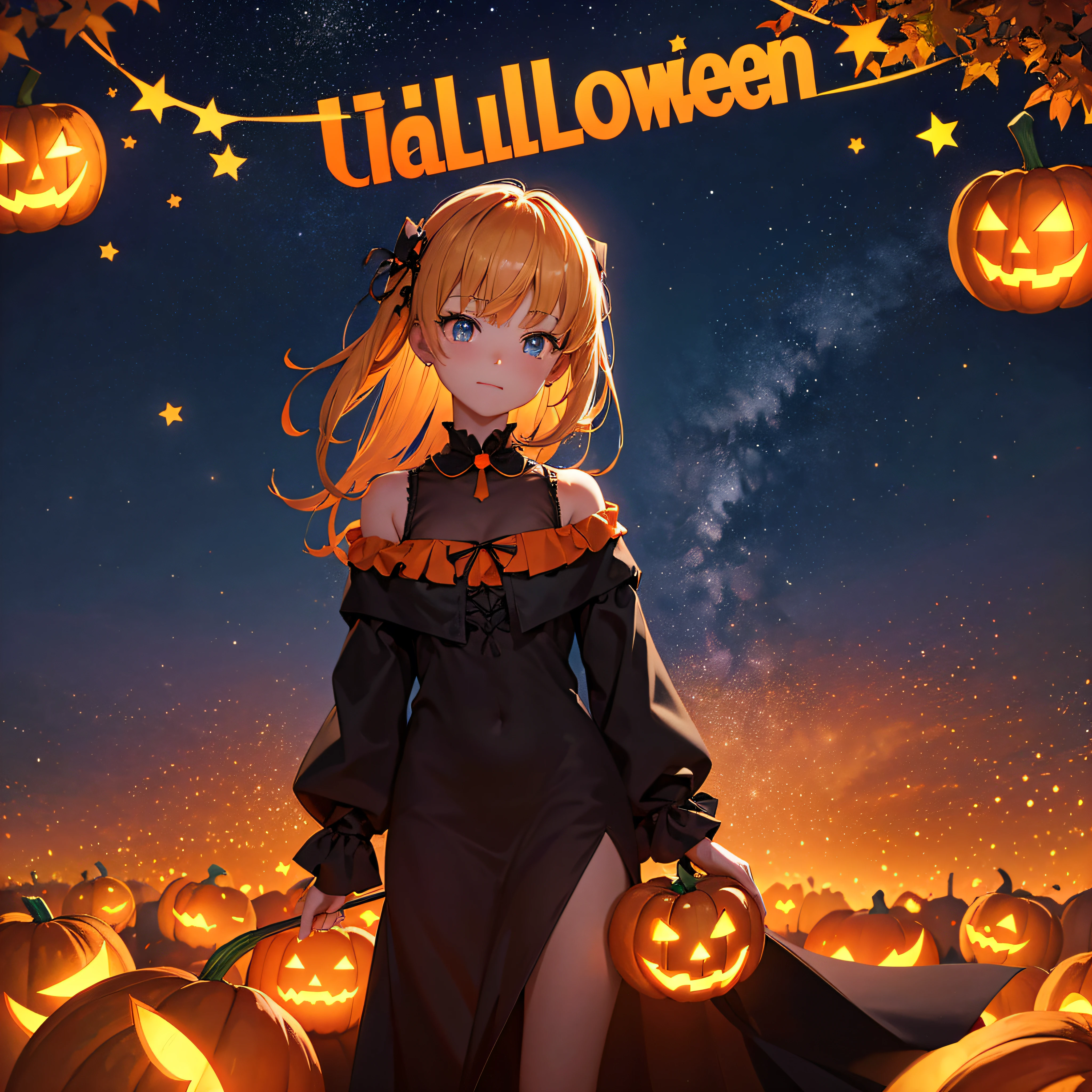 a Halloween vector background with a pumpkin patch bathed in the glow of jack-o'-lanterns and a starry night sky