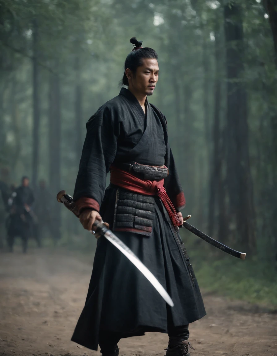 1 Samurai solo,cyberpunk background,1 samurai sword,photo,photorealistic,