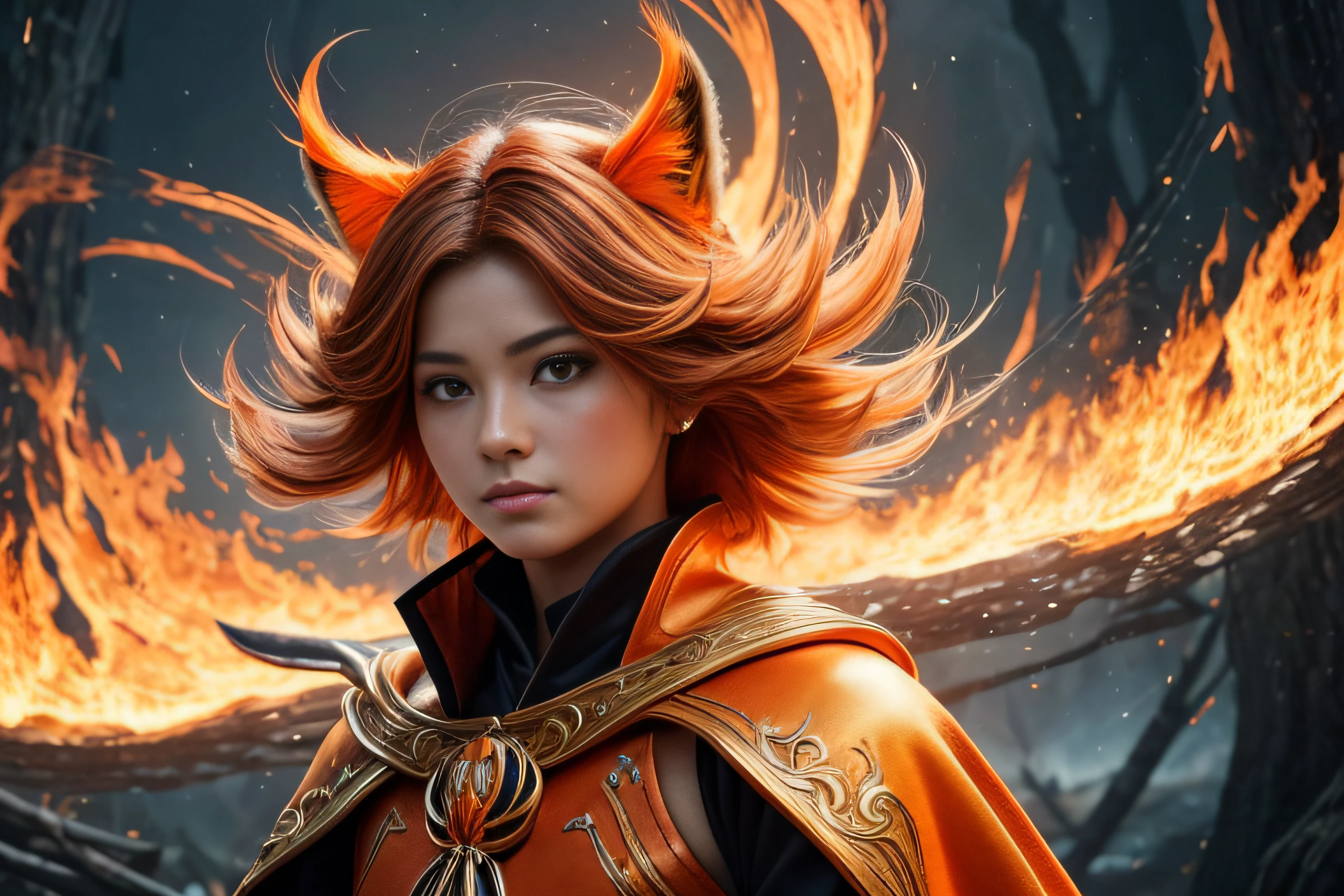 ((Best quality, 16k, Masterpiece: 1.3)), a picture, anime costume style, a Loyal lineage, shiny cloak, detailed skin, summoning the Fire-nine-tails-Fox: 1.3, ((Layered haircut, detailed texture, floating light, orange light: 1.3)), in a Soul realm, cool colors, cinematic, realistic details of a perfect face