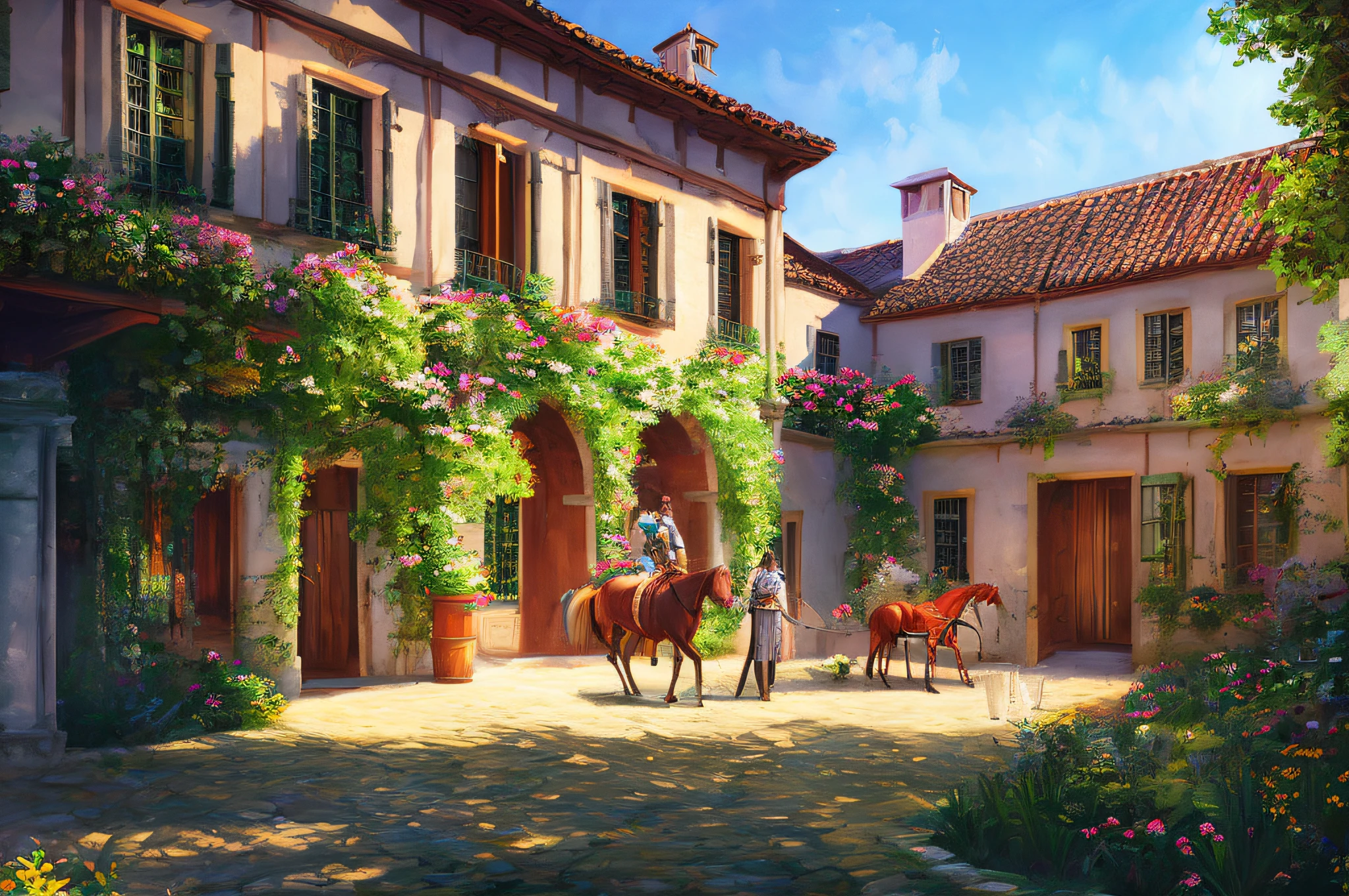 scene of a courtyard, 3 people, tranquil horse, sunlight, glow, scenery concept art, overgrowth. by Renoir , relaxing concept art, traditional classic concept art, a beautiful artwork illustration. high detail, background art, detailed concept art, environment design illustration, concept art highly detailed