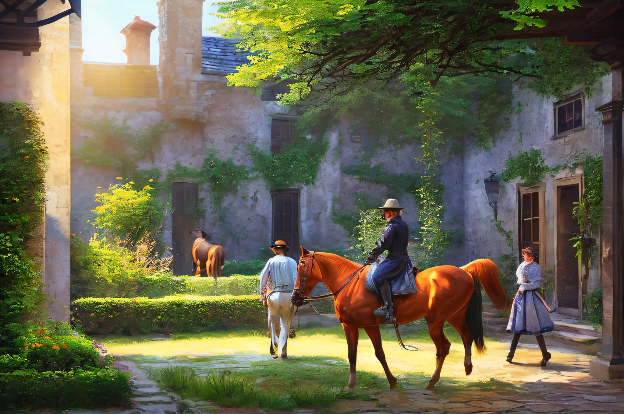 scene of a courtyard, 3 people, tranquil horse, sunlight, glow, scenery concept art, overgrowth. by Renoir , relaxing concept art, traditional classic concept art, a beautiful artwork illustration. high detail, background art, detailed concept art, environment design illustration, concept art highly detailed