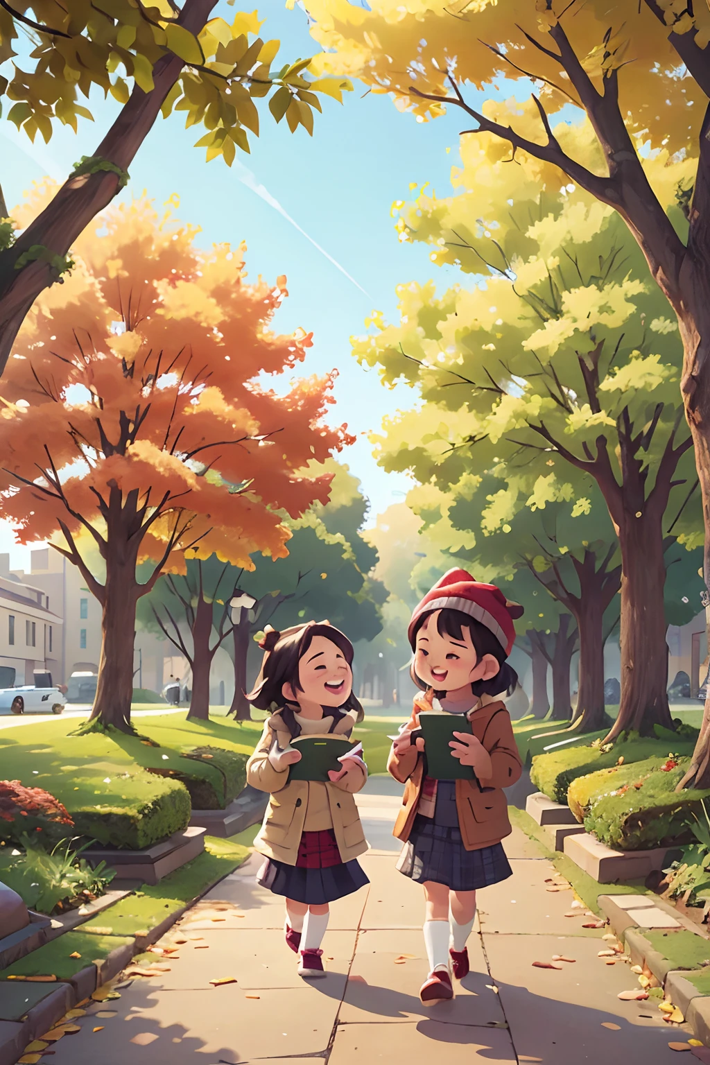 photoRealstic、walk in a city park and enjoy studying with friends、winter, Opens mouth and laughs、up of face、season autunm