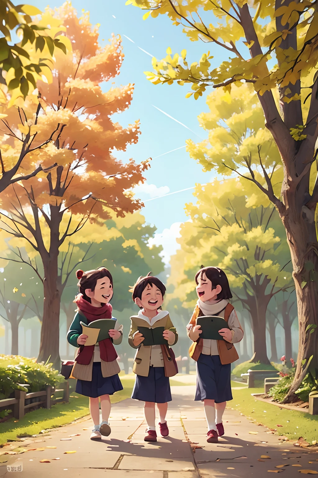 photoRealstic、walk in a city park and enjoy studying with friends、winter, Opens mouth and laughs、up of face、season autunm