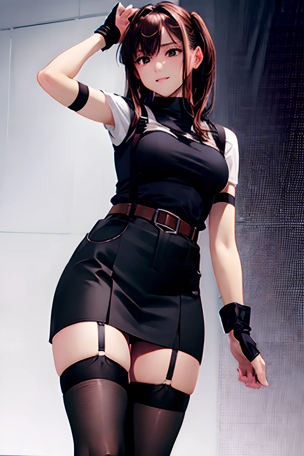 Black skirt, 　suspenders, Brown hair Gray eyes, Garter belt on the legs, Tight black clothes, 　　 a belt　Armpit sweat　　Dark look　Moderately breasts　holster　chain　　poneyTail　Water wetting