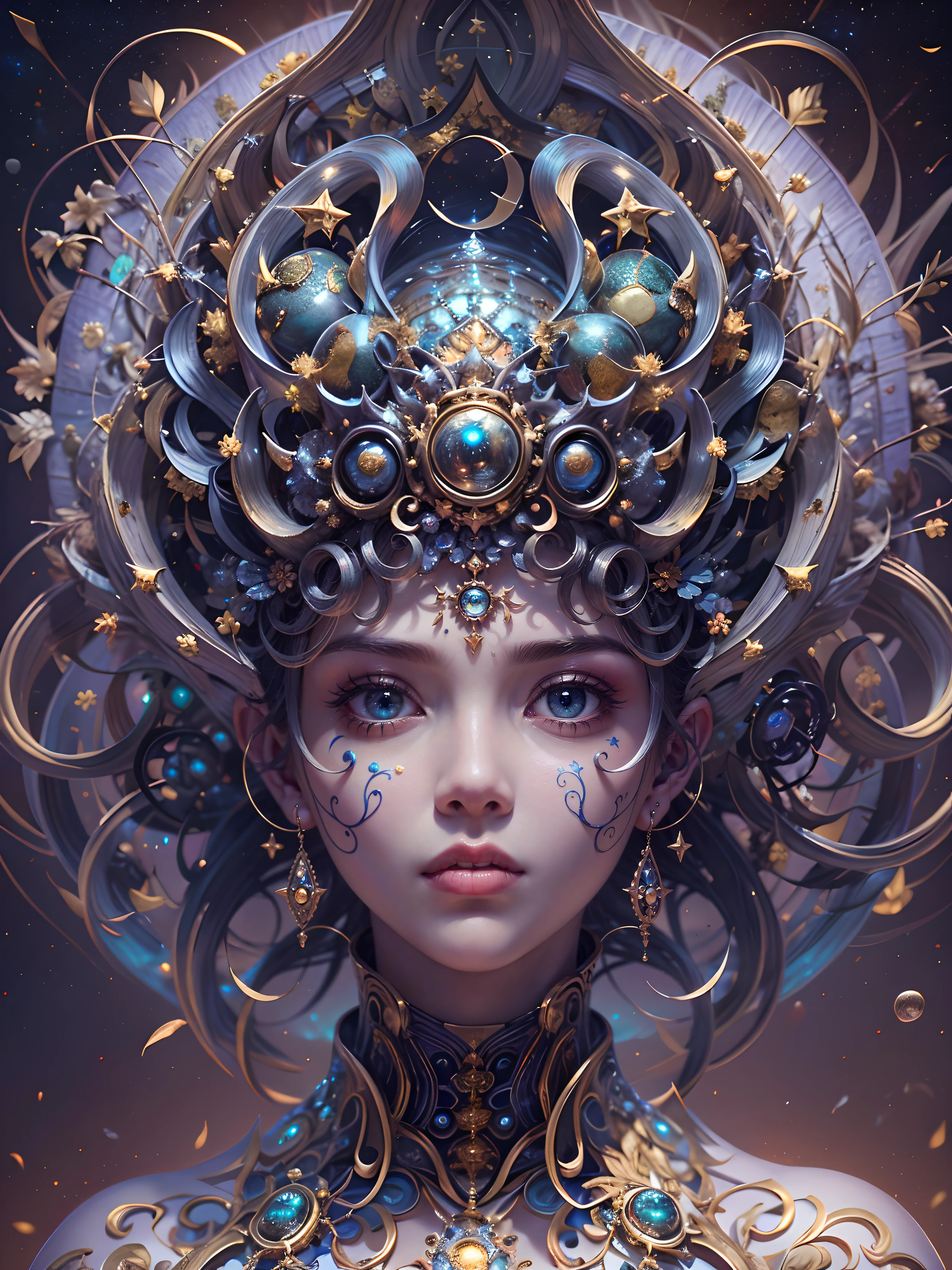 (best qualtiy,ultra - detailed,Most Best Illustration,Best shadow,tmasterpiece,A high resolution,professionalartwork,famousartwork),Detailed eyes,beautidful eyes,closeup cleavage,sci-fy,colored sclera,Robot eyes,face markings,Tattooed with,(fractalized,Fractal eyes),largeeyes,Wide eyes,(Eye focus),sface focus,Cosmic eyes,Space eyes,Close-up of metal sculpture of a woman with a moon in her hair,goddes。extremly high detail,3 d goddess portrait,Extremely detailed footage of the goddess,a stunning portrait of a goddess,Side image of the goddess,portrait of a beautiful goddess,Full body close-up portrait of the goddess,hecate goddess,portrait of a norse moon goddess,goddess of space and time, sea art 2.1