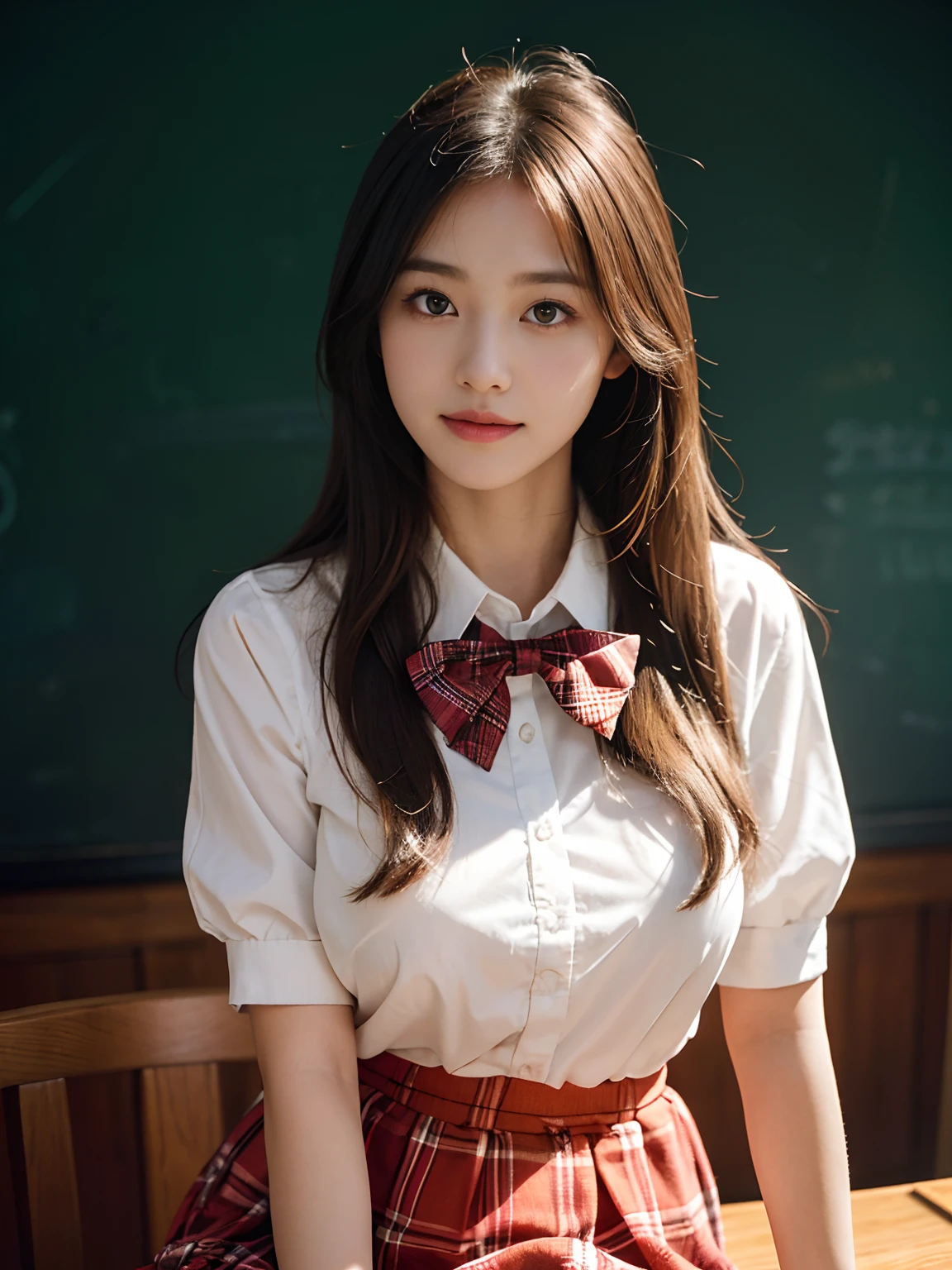 best qualtiy,tmasterpiece,超高分辨率,(真实感:1.4),RAW photogr,1girll,long whitr hair,Face Highlighting,Pure,Girly,Flushing,18yr old,18-year-old smiling female classmate,Pure,Innocent,(best qualtiy,8K,tmasterpiece:1.3),Goose egg face,largeeyes,long eyelasher,Exquisite(live-action realistic style),Star-like eyes,Ultimate face,Photorealistic light and shadow,Clear facial features,Milky white skin,Fair skin, highdetailskin, Realistic skin details, Visible Pore,(Super detail),(perfect bodies:1.1),long whitr hair,(dynamicposes),((Dynamic background((volumettic light:1.3)),Classroom,Pale orange plaid skirt,huge tit,White color blouse,Red plaid bow tie,There was a stack of books on the table,The blackboard is full of mathematical formulas,The girl leaned against the wall