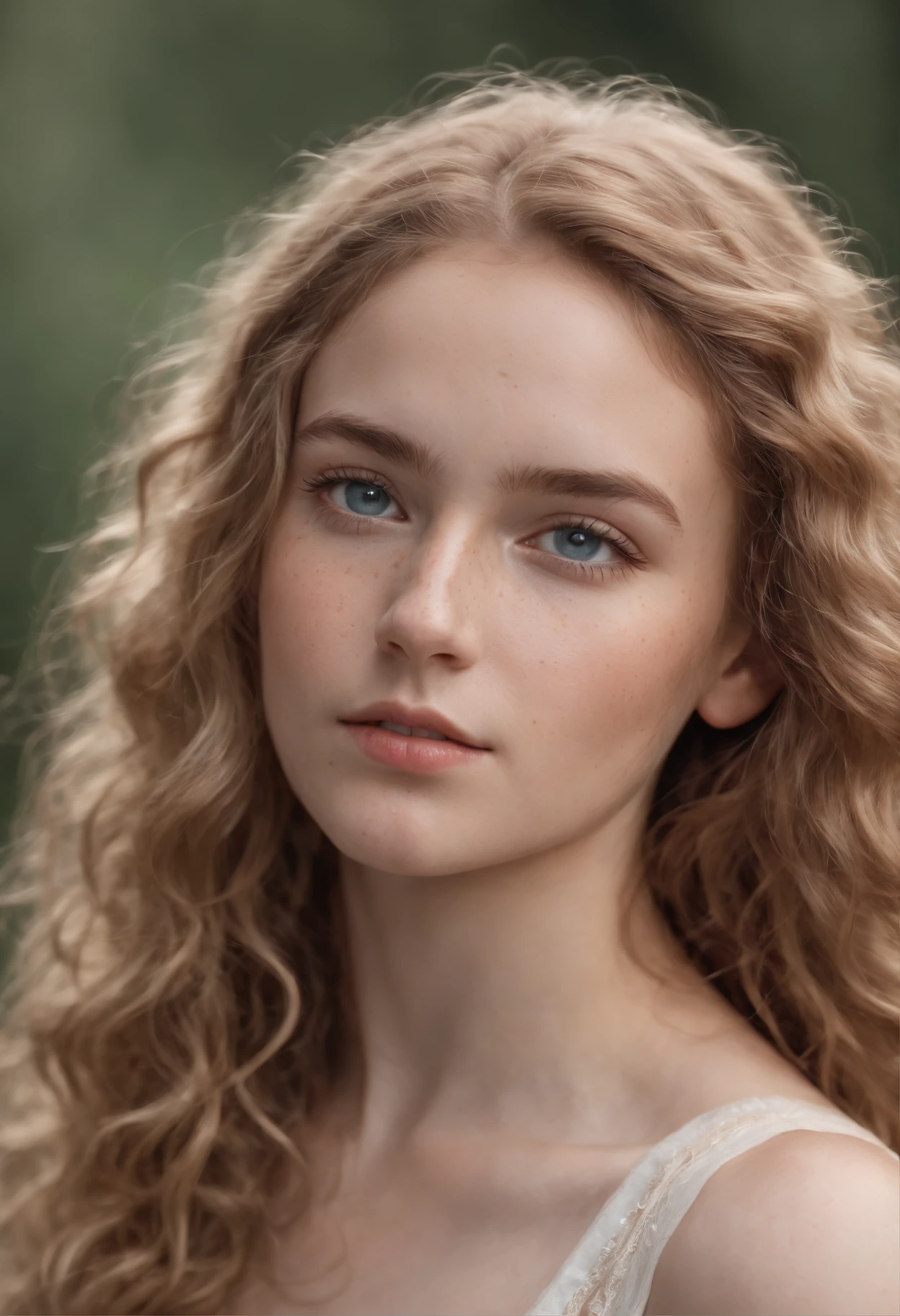 Full body portrait of a charming 18 year old women with curly hay coloured hair, small freckles, petite figure, beautiful face, captivating dark blue eyes, and modest bust size, showcasing her natural beauty.