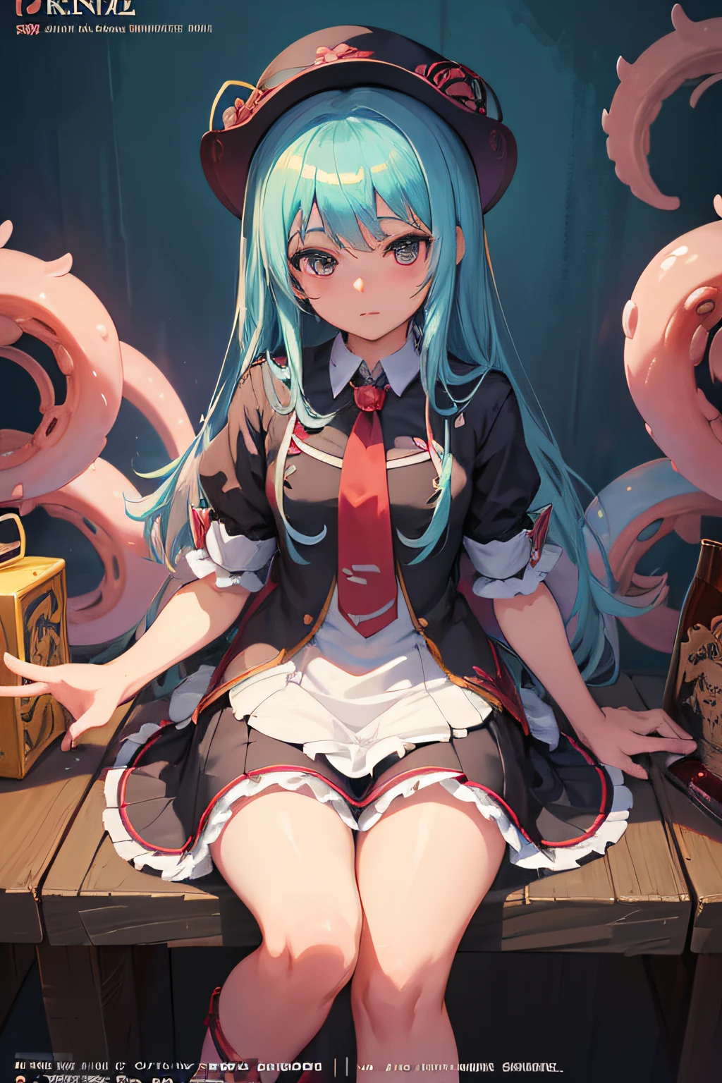 Anime girl with hat and skirt sitting at table, Fine details. Anime. tentacles, cushart krenz key art feminine, tentacles around, best anime 4k konachan wallpaper, Trending on ArtStation pixiv, from the azur lane videogame, A seductive anime girl, krenz cushart and artgerm, small curvy loli