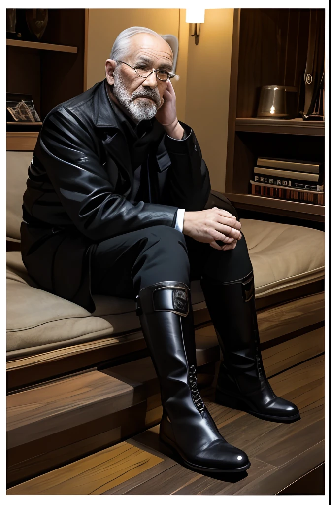 with a goatee,Old gentleman in black riding boots,Show off his boots,The light source is in the upper left corner。