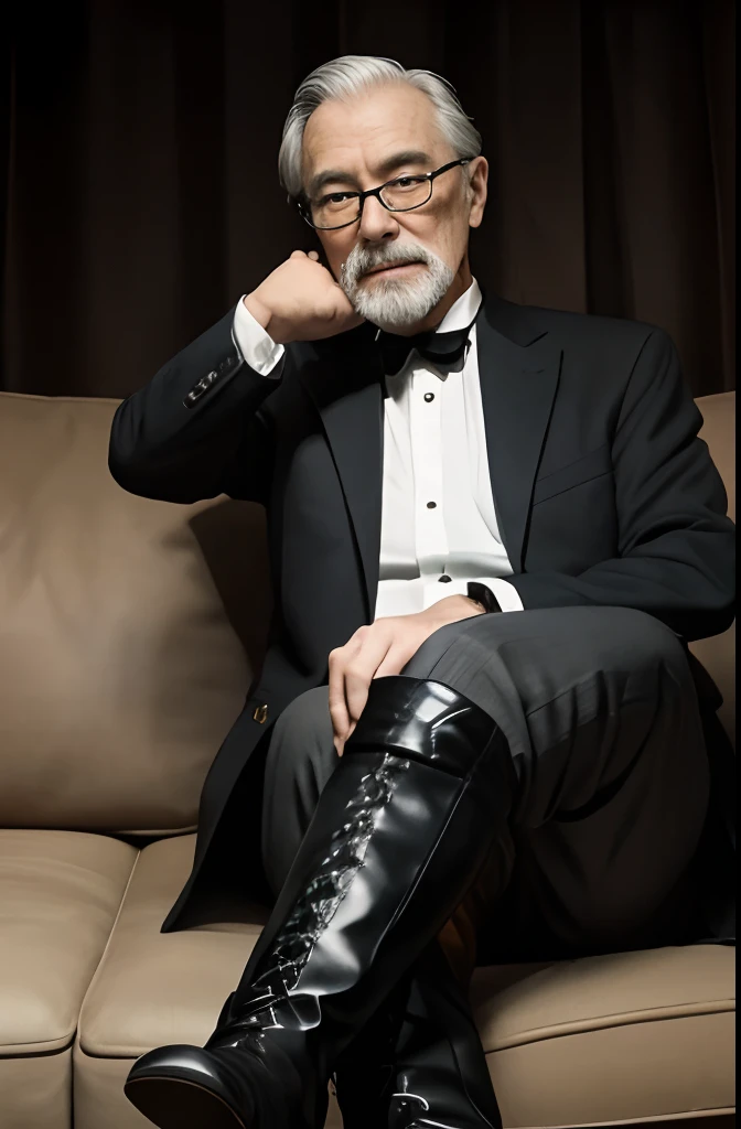 with a goatee,Old gentleman in black riding boots,Show off his boots,The light source is in the upper left corner。