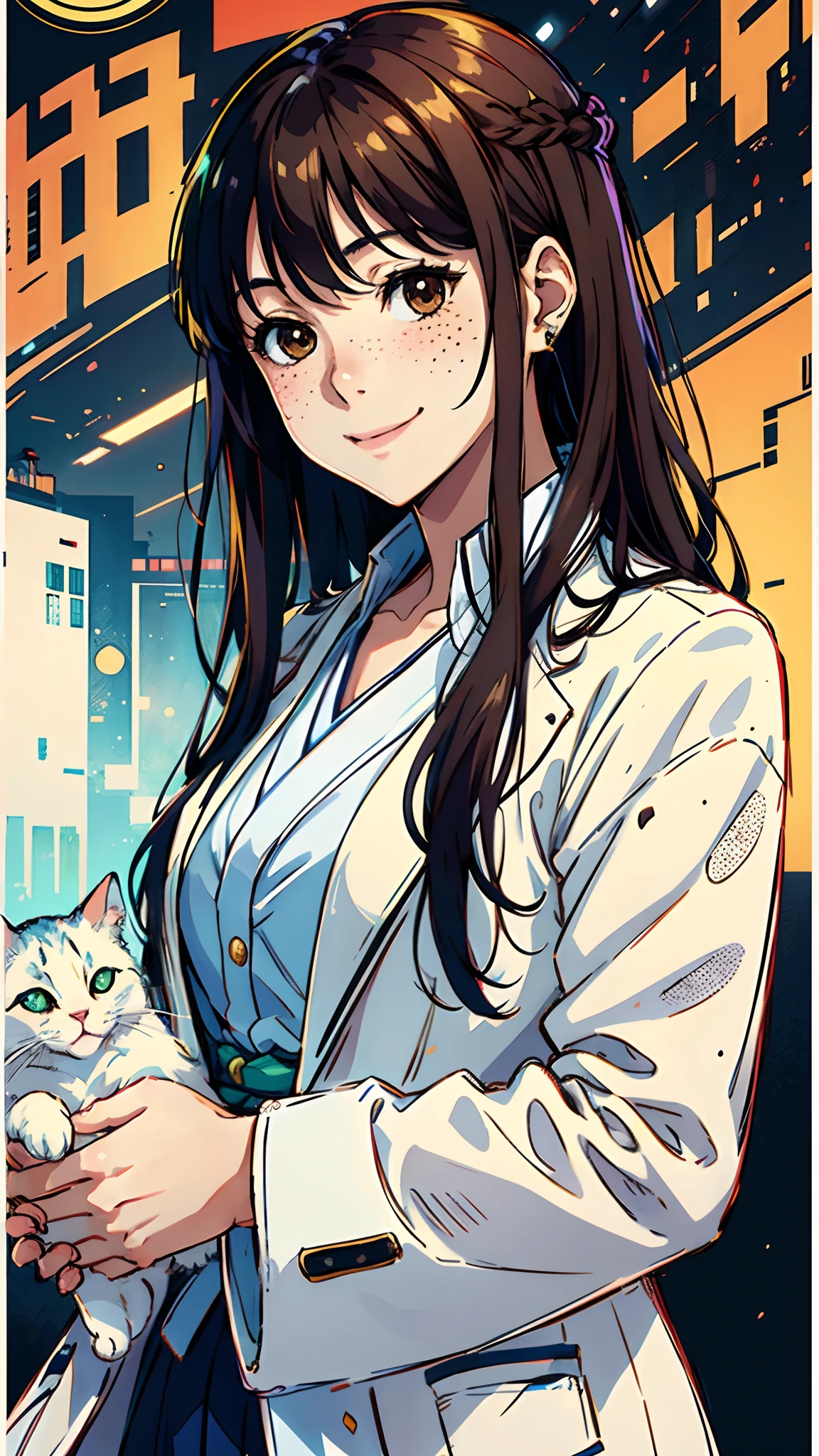 A beautiful young anime girl with brown hair, long hair, dressed in white, freckles, and a roundo her neck, dressed in a white blazer, wearing a kimono, holding a cat, cute, happy, smiling, poster style, photo realistic, 8k