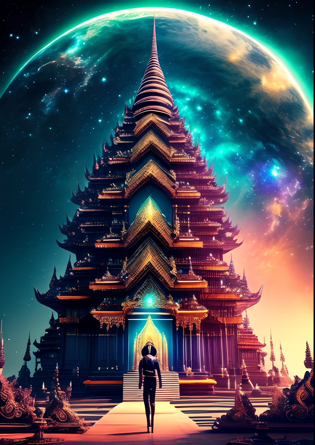 dreamlikeart, galaxy, outer space, nebula, star, [cyberpunked] Thai Temple from the Stars (star:1.5),