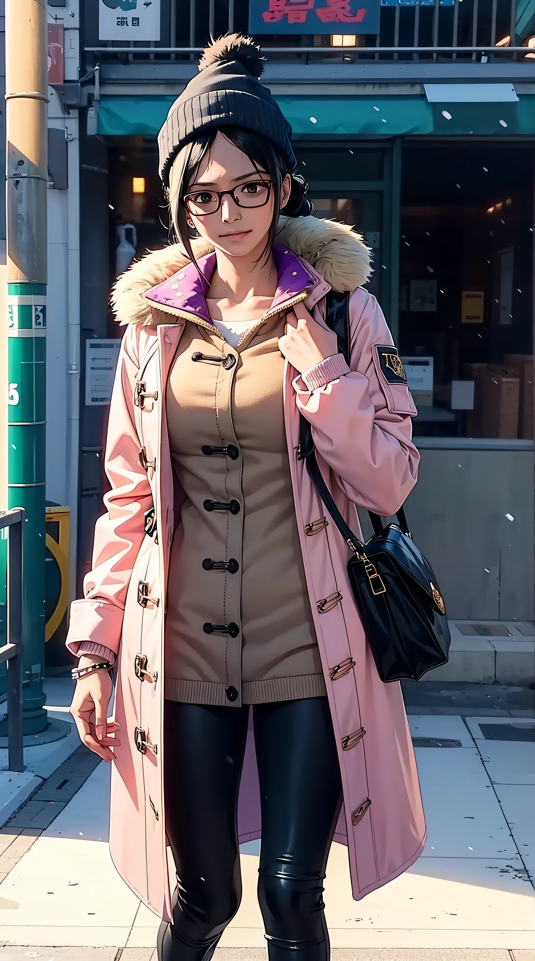 Tashigi, wearing glasses, long hair, black hair, beautiful, beautiful woman, perfect body, perfect breasts, wearing a beanie, wearing a winter jacket, wearing a duffle coat, carrying a bag, wearing a watch, wearing earrings, in public, creatures in tokyo city, being on the street, snow on the street, it's snowing, looking at the viewer, a slight smile, realism, masterpiece, textured skin, super detail, high detail, high quality, best quality, 1080p, 16k