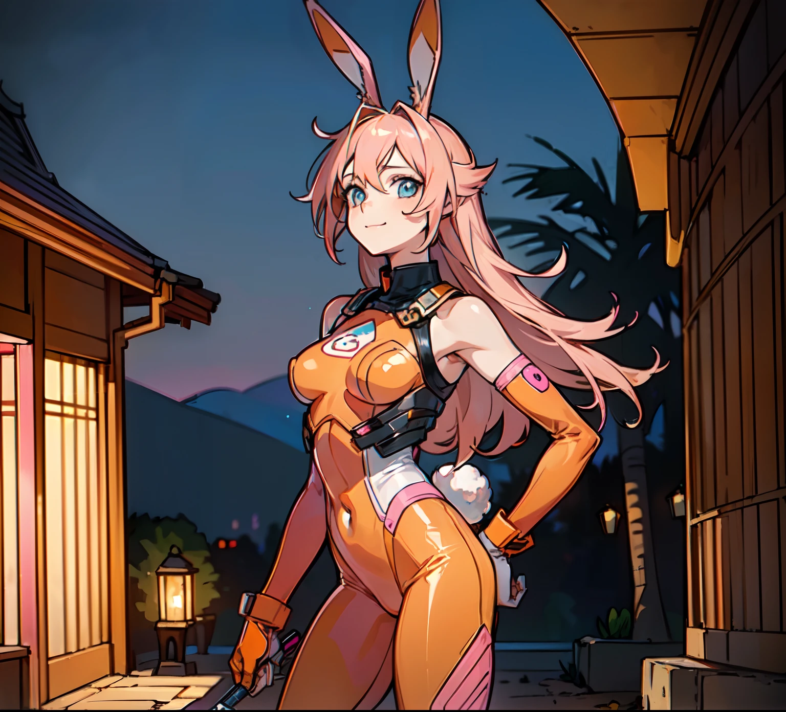 ((Best Quality)), ((Masterpiece)), ((Realistic)) 1woman, cute face, determined look, smile, adult mature female (spiky orange-pink hair, ((orange-pink mullet 1.1)), (mid length hair), blue eyes, (white/yellow pupil,) hero, sleeveless blue spandex bodysuit, long orange-pink (((rabbit ears,))) desert village, tbcc illustration, standing in a villa doorway, night, middle eastern, (((1 girl)))