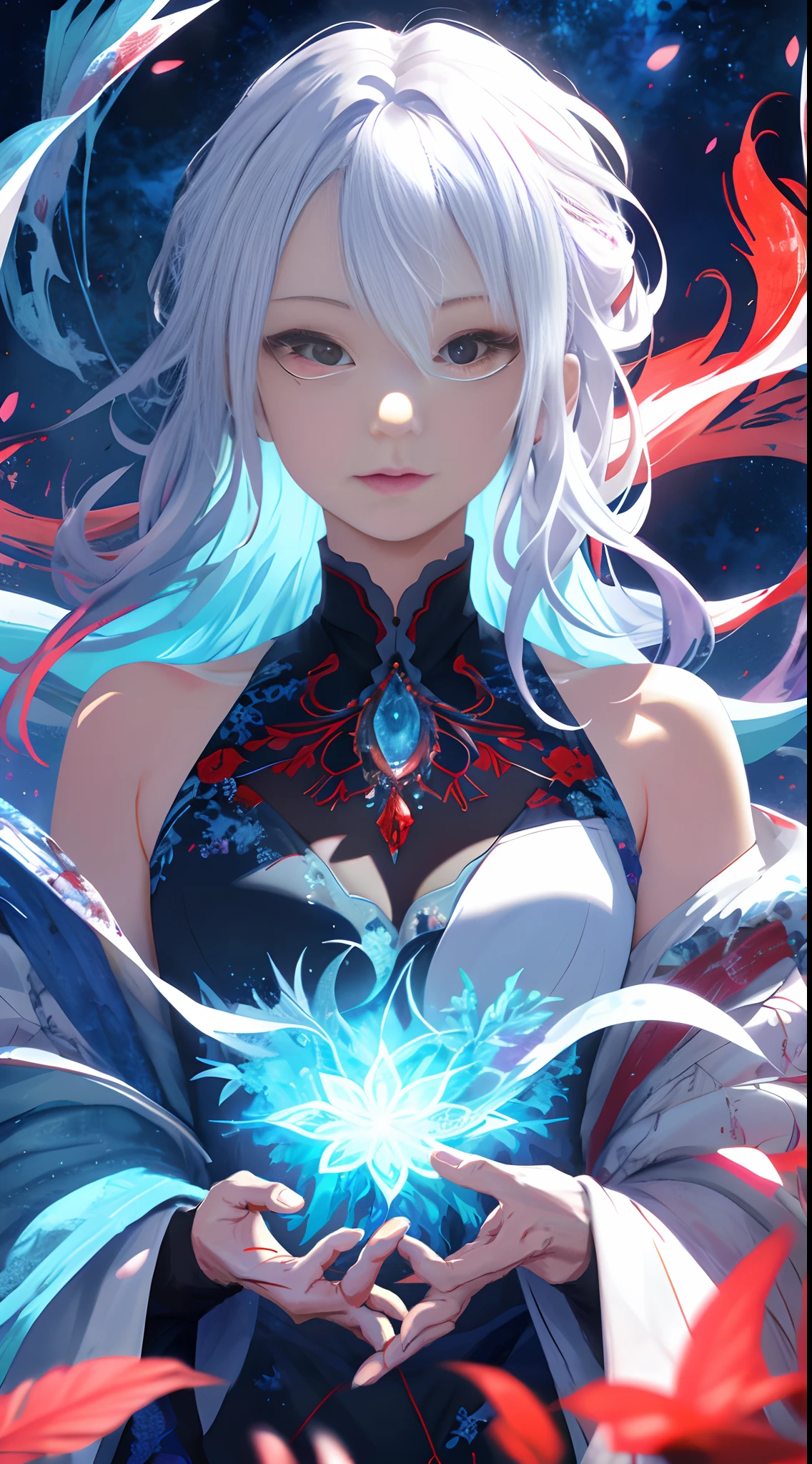 realisticlying、Masterpiece quality、best qualtiy、offcial art、Beauty and aesthetics:1.2、Very detailed fractal art、Colorful abstract background、Girl、Kamimei、The color hair、long whitr hair、luminous red eyes、Mysterious magic、Girl of Ice and Fire,Red and blue color scheme,cinematric light,dynamicposes,upperbody closeup