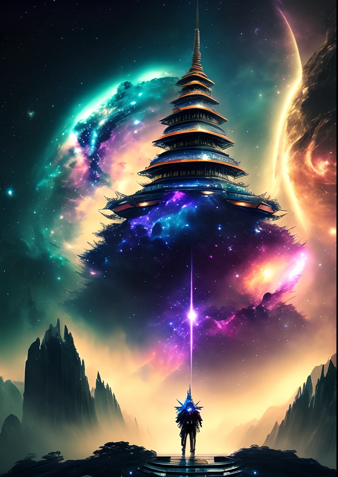 dreamlikeart, galaxy, outer space, nebula, star, [cyberpunked] Pagoda from the Stars (star:1.5),