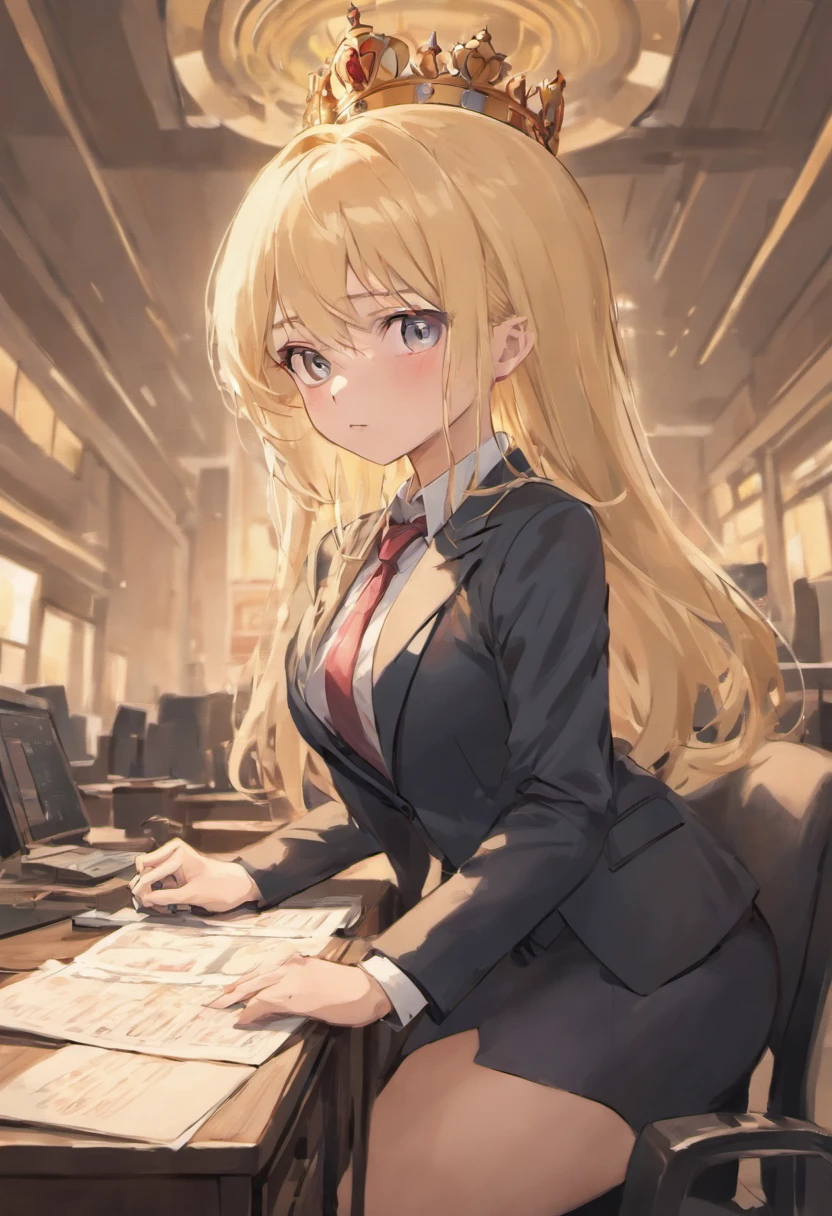 anime girl, 1 person, blonde hair, glasses, crown, women's shirt, suit, tie, office clothes, front view, tights, sitting on desk,exposed chest, underwear, shy, lifting skirt , cute, high heels,loli , (full HD 4K+ image)