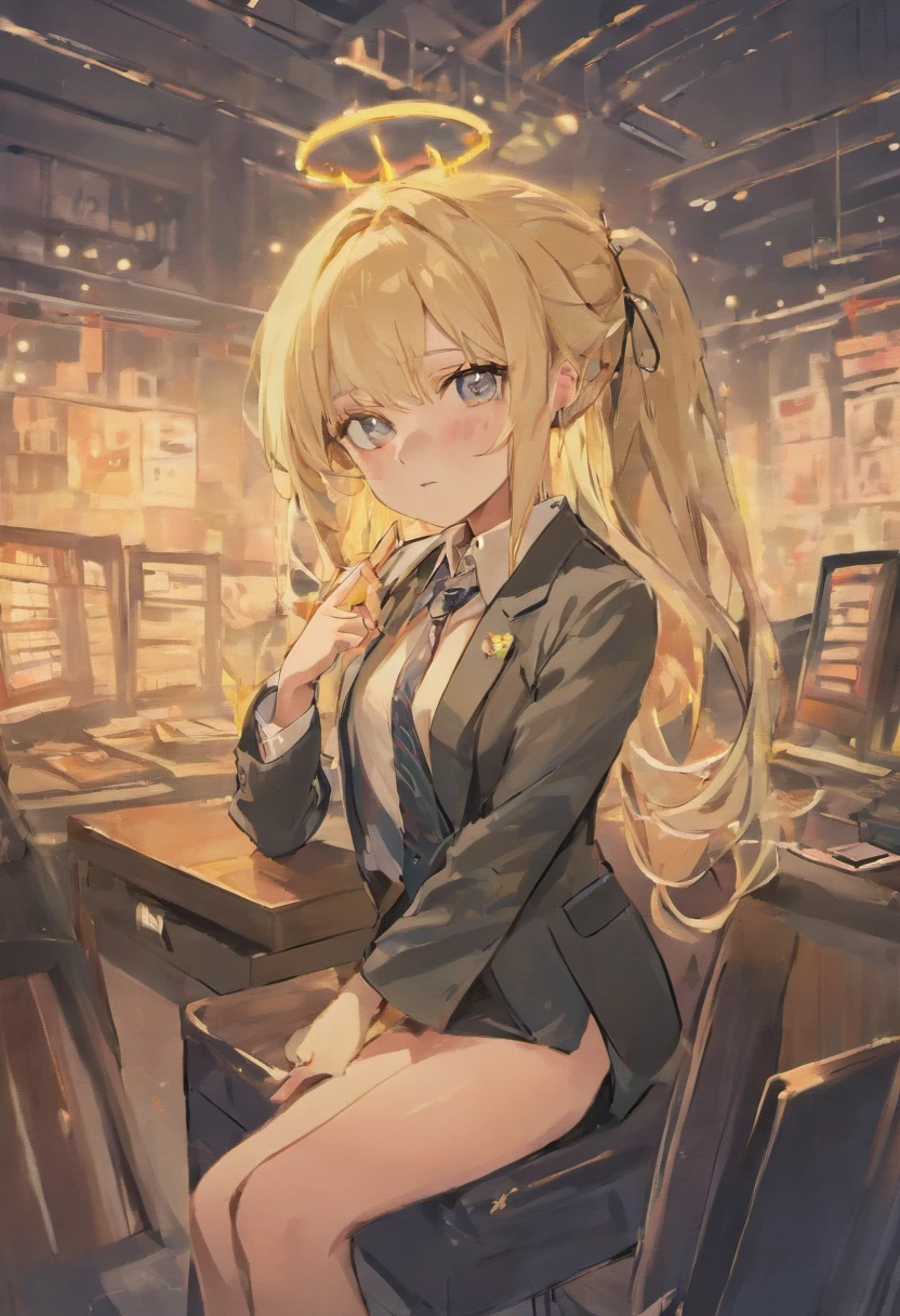 anime girl, 1 person, blonde hair, glasses, crown, women's shirt, suit, tie, office clothes, front view, tights, sitting on desk,exposed chest, underwear, shy, lifting skirt , cute, high heels,loli , (full HD 4K+ image)