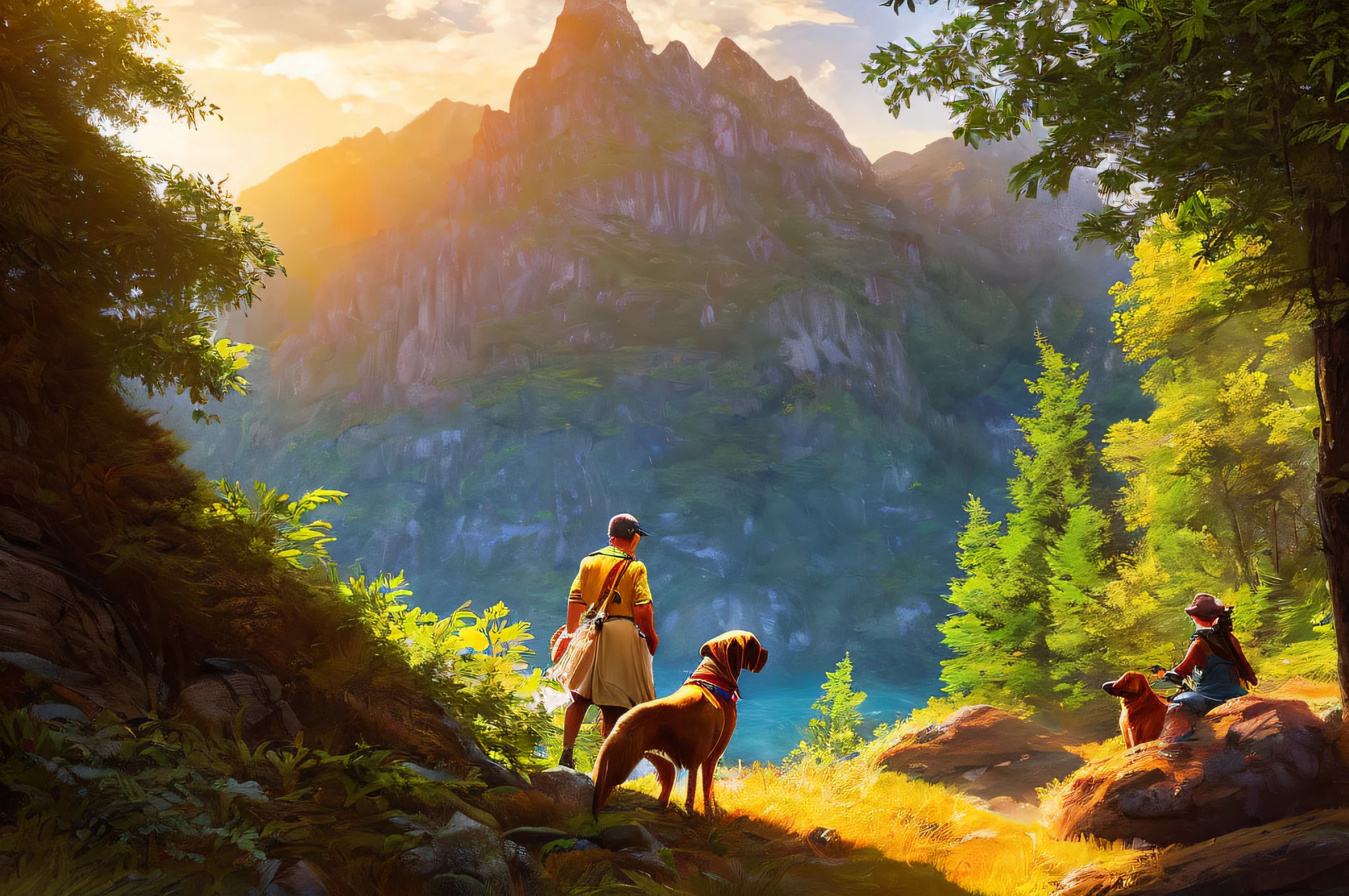 scene of mountain, 3 people, tranquil dog, sunlight, glow, scenery concept art, overgrowth. by Renoir , relaxing concept art, traditional classic concept art, a beautiful artwork illustration. high detail, background art, detailed concept art, environment design illustration, concept art highly detailed