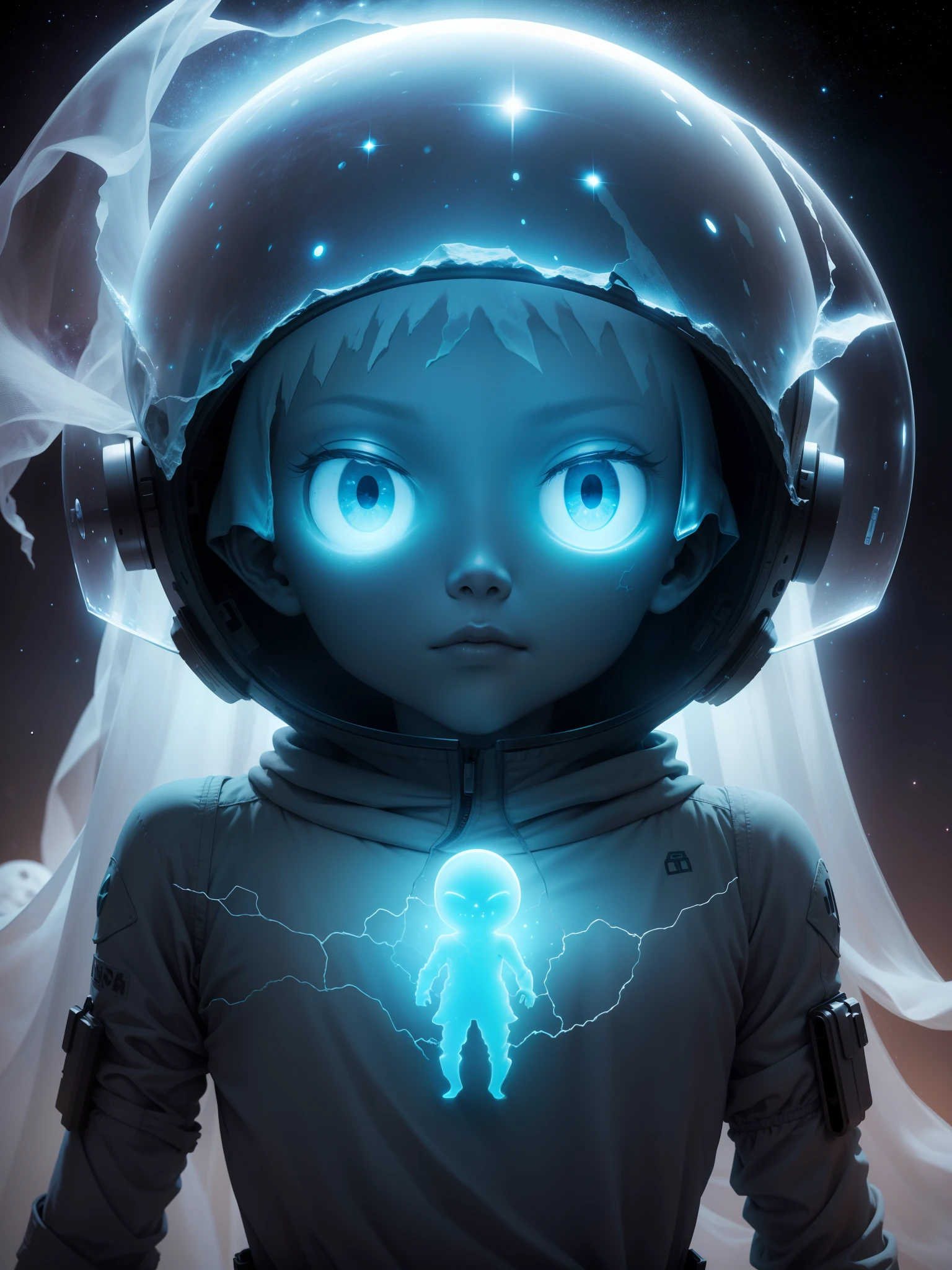On a desolate planet,Similar to a ghost,Alien with transparent head,Look up at the stars,A lone,ethereal figure