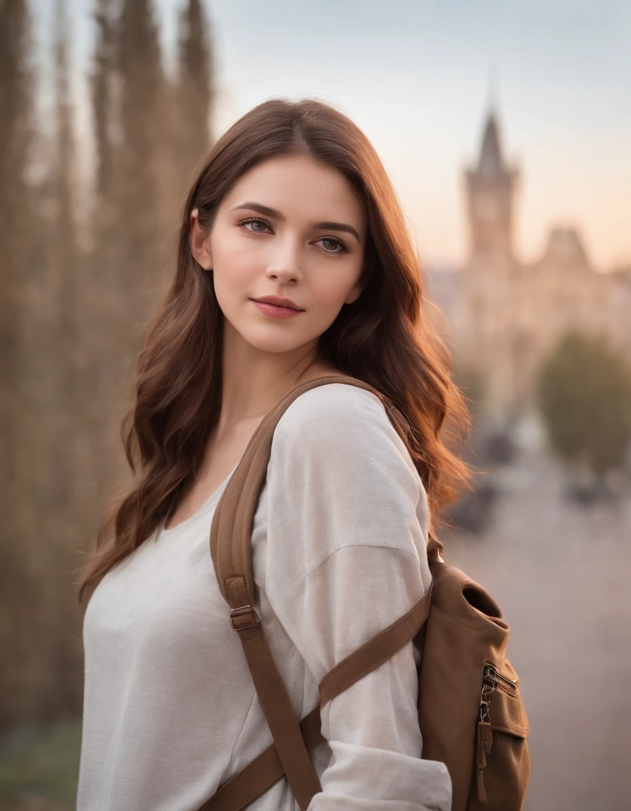 (Beautiful skyline, Herrlicher Himmel), (Dramatische und dramatische Grafiken, Bewegte Visuals), (Hanging North Star, colorful natural light), (an 18-year-old wonder beautiful girl, C-bust, lange braune haare), (gutes Outfit, mit Rucksack), (Berghintergrund)),upper body