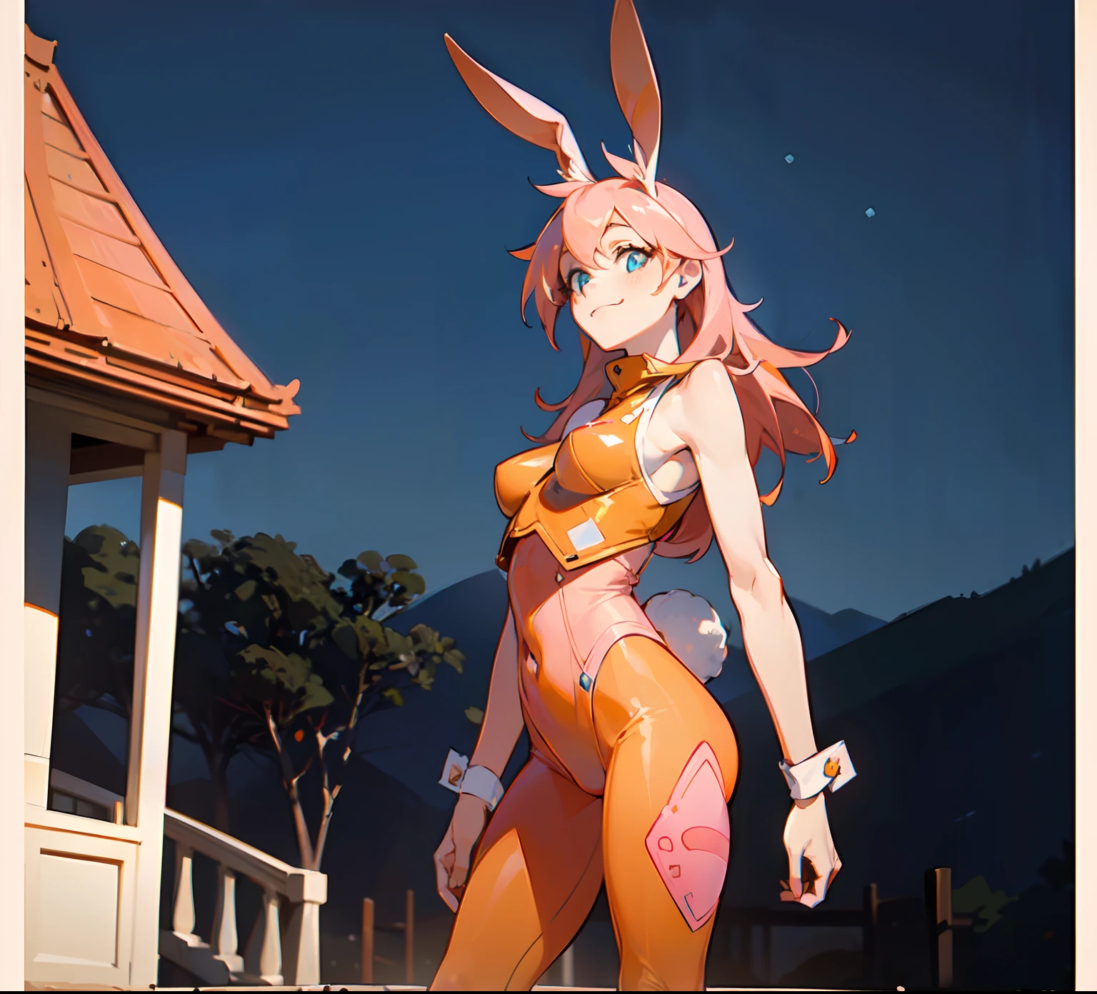 ((Best Quality)), ((Masterpiece)), ((Realistic)) 1woman, cute face, determined look, smile, adult mature female (spiky orange-pink hair, ((orange-pink mullet 1.1)), (mid length hair), blue eyes, (white/yellow pupil,) hero, sleeveless blue spandex bodysuit, long orange-pink (((rabbit ears,))) desert village, tbcc illustration, standing in a villa doorway, night, middle eastern,