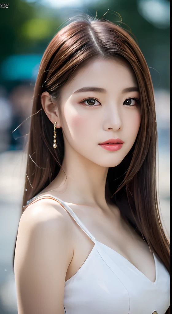 (8K, Raw photo, Photorealistic:1.25) ,( Lip gloss,Glossy finish, Glossy skin, Best Quality, 超A high resolution, chromatic abberation, Caustics, Wide light, Natural Shadow) look with serenity and goddess-like bliss to the spectators,(depth of fields:1.6), (colorful unfocused lights on background:1.2) ,very natural make-up,Shot on a cloudy day . Slender eyes.Downcast eyes. The distant look in her eyes、(Gorgeous Summer Dresses)(Stylish as a professional model)、Radio City、Medium Hair、35 year old