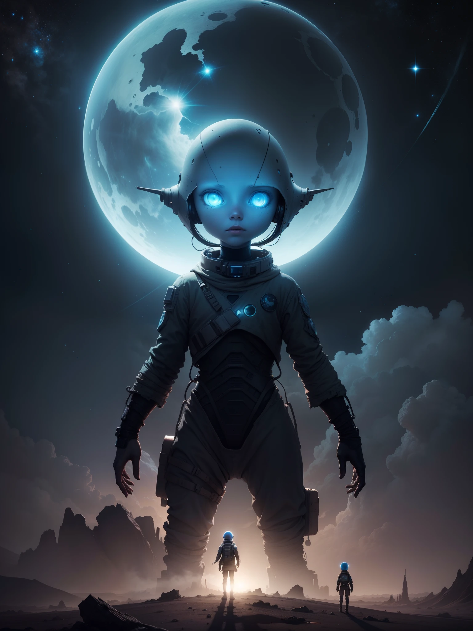 On a desolate planet，Abandoned alien children，Look up at the stars，A lone，ethereal figure