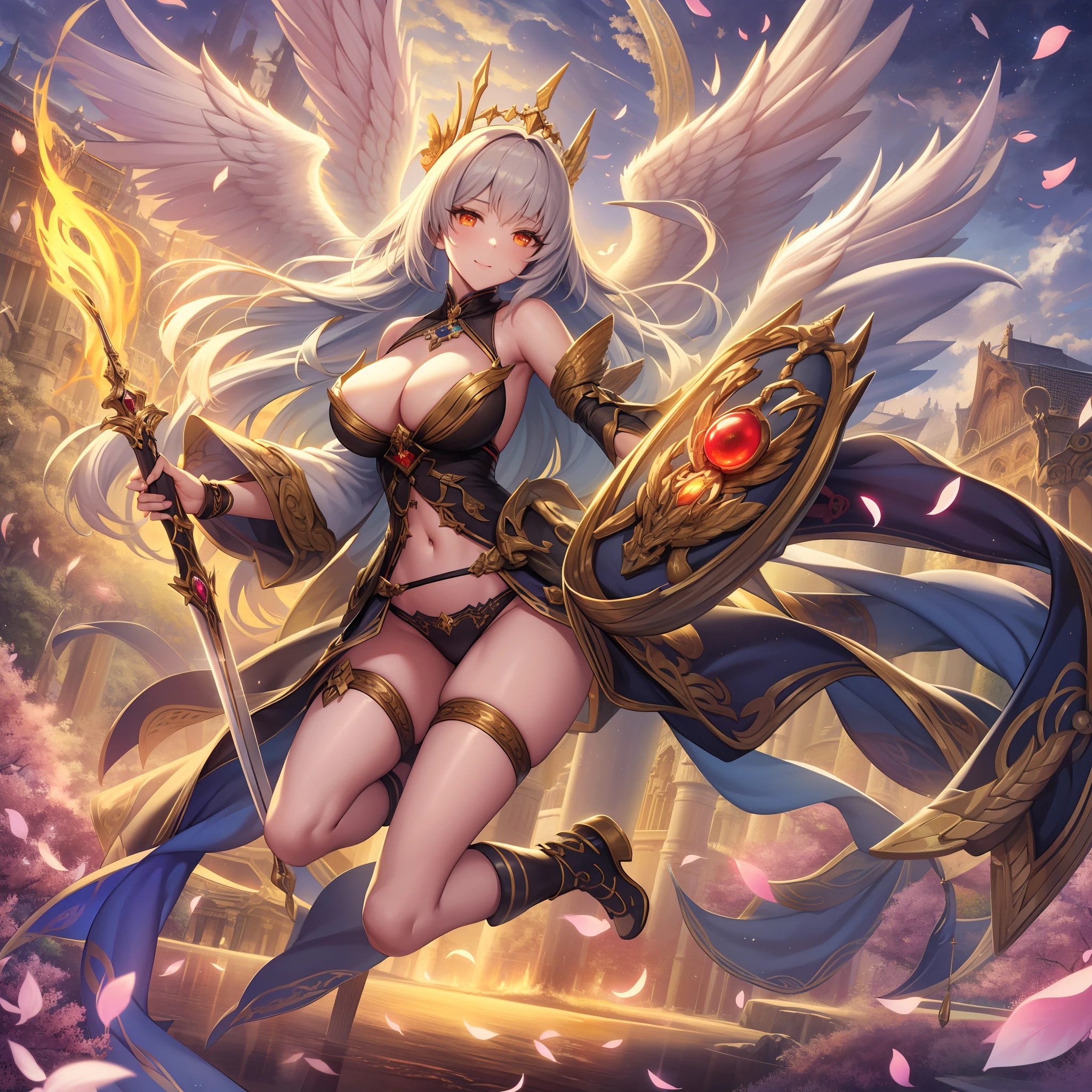 best qualtiy，tmasterpiece，超A high resolution，（真实感：1.4），Fantasy，1girll，boobgasm，beautidful eyes（Brown Black），relax，Hanfu，brunette color hair，Sword Fairy，Mystical energy，Long legs（fleshy feeling），Glowing skin，Sword，full body Esbian，flowy，1 fluffy、nightcity、Sateen、Kimono without sleeves、A dark-haired、Holding a weapon with blood on it、Looking at the camera、Cherry blossoms are dancing，Unusually resistant、red blush、Looks distressed、Pleasant face、shrine maiden、valkyrie、Angel wings、a navel、sideboob barbosa、with an intricate、Particles of light、thighs thighs thighs thighs、shinny skin、Perfect litthing、1girl in、looking at the viewers、Winged headgear、pelvis curtain、A smile、(​masterpiece)、(top-quality)、Very gigantic-breasts、maternal、Porcelain Skin、Very long hair、hair wavy、Royal sister，femele，A queen，putting on a crown，There are a lot of golden lightning around，sitting in a throne，Bangs cover the eyes，Black Suspender Socks，Black Lace Top，，High jump，Grab Erlang's leg，，Black Silk Top，married woman，mothers，domineering，smil，The corners of the mouth are raised，Red and gold eyes，Black silk erotic underwear，Black top，Black Silk Gloves，I have a gorse tattoo on my chest and thigh，There are many golden dragon scales on the arms，There are many golden dragon scales on the neck，Bright eye，dragon eyes，Snake's Eye，Upright pupils，There are golden stripes on the clothes，There is a golden pattern on the clothes，The socks have a golden pattern，tall figure，Expose the outside of the chest，Twisted blade hanging over the shoulder，Larger breasts ，With elongated dragon horns，Giant Golden Dragon Wings，Giant Golden Dragon Wings，Huge golden dragon wings as big as a body，The body is covered with huge golden dragon wings，golden pupils，Just a pair of wings，large wings，The biggest dragon wings,The biggest dragon wings，There are golden scales on the neck，Fingers are golden dragon claws，The elongated tail of the golden dragon、1girl in、nightcity、Sateen、Kimono without sleeves、A dark-haired、Holding a weapon with bloo