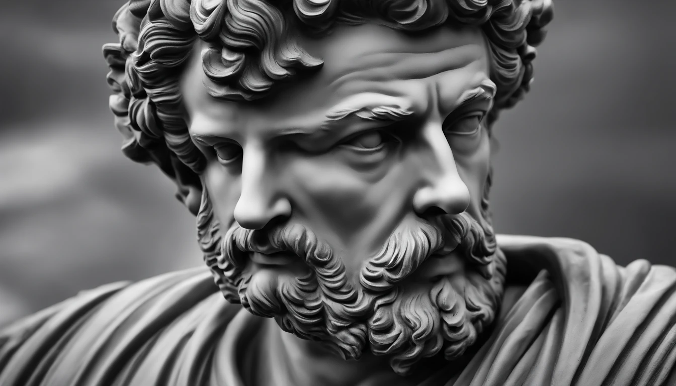 a statue of the stoic Marcus Aurelius in black and white 4K,Face de lado, papel de parede super realista, corpo forte, sem camisa, tronco forte, barriga forte