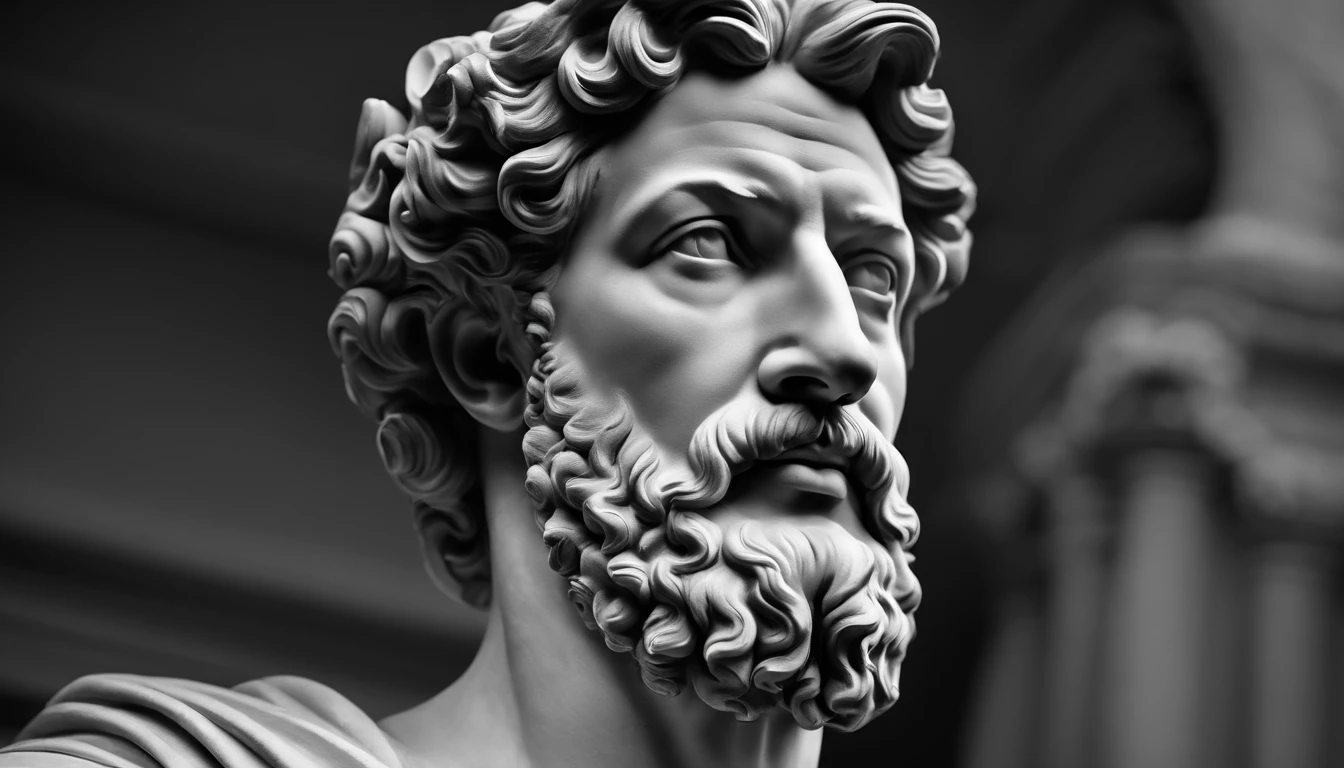 a statue of the stoic Marcus Aurelius in black and white 4K,Face de lado, papel de parede super realista, corpo forte, sem camisa, tronco forte, barriga forte