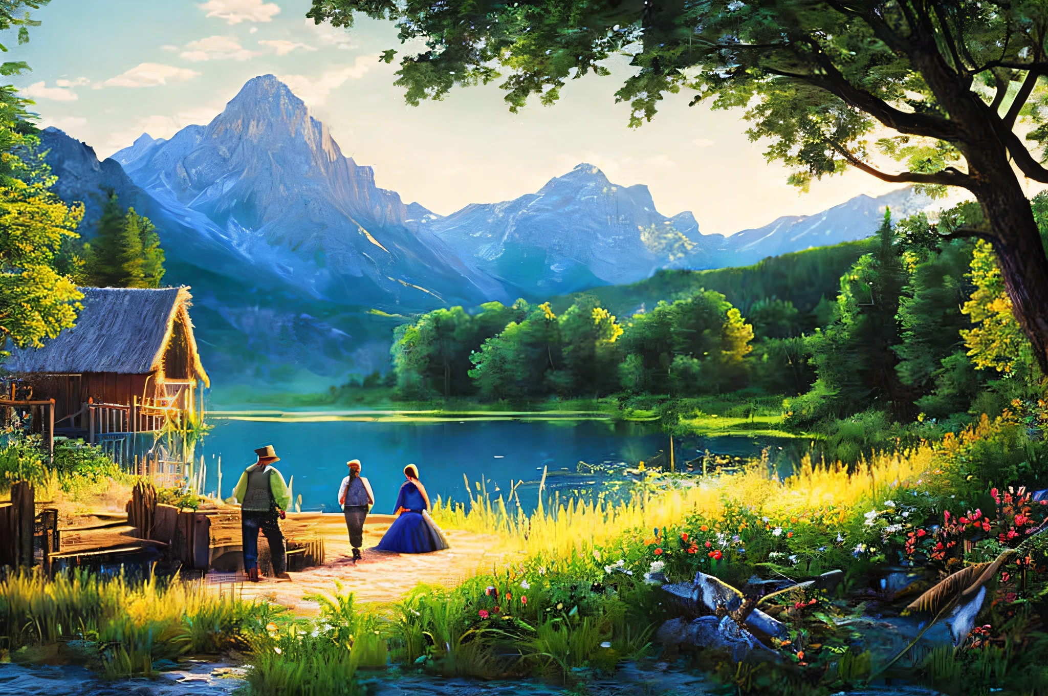 scene of farm, 3 people, tranquil lake, night, sunlight, glow, scenery concept art, overgrowth. by Renoir , relaxing concept art, traditional classic concept art, a beautiful artwork illustration. high detail, background art, detailed concept art, environment design illustration, concept art highly detailed