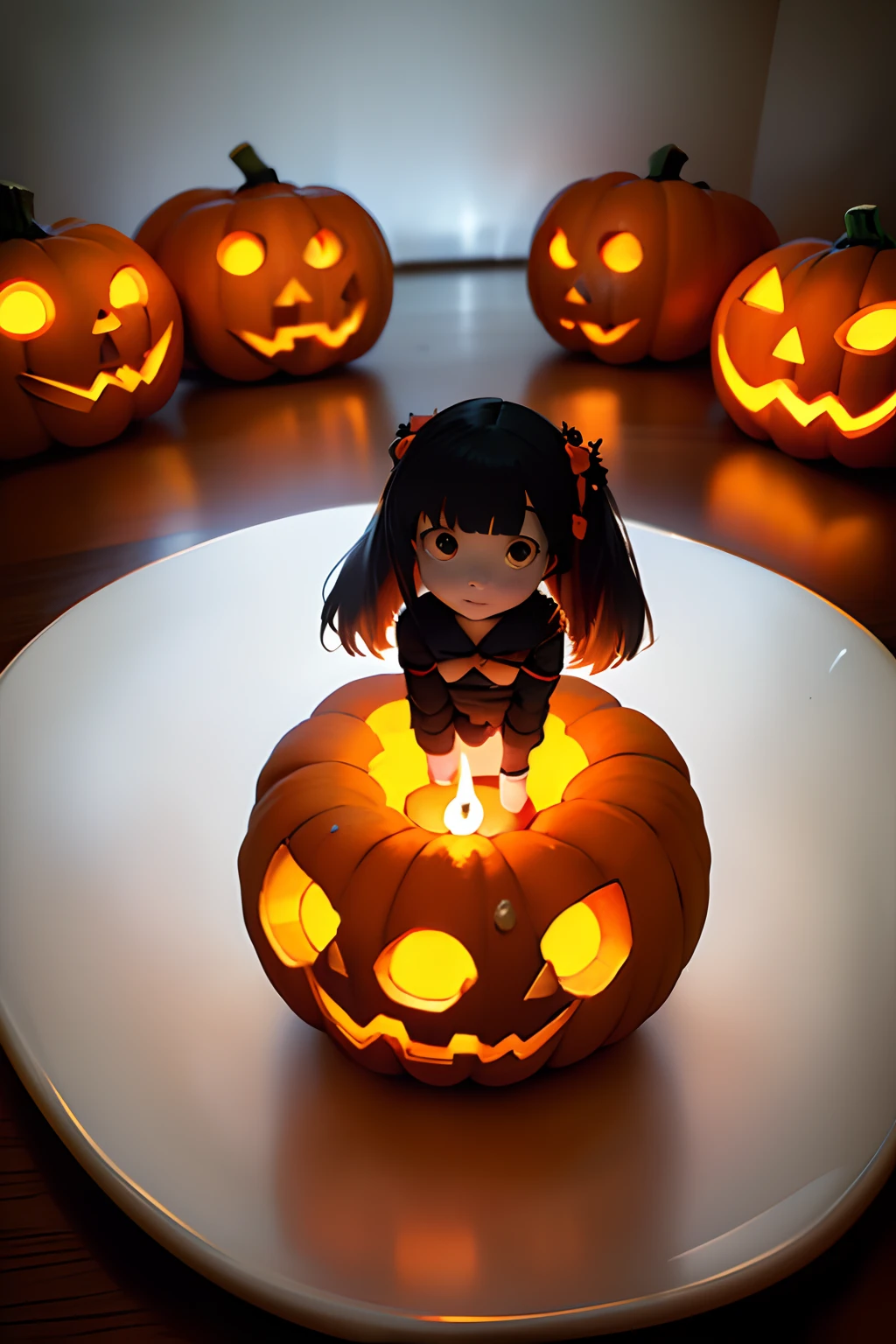 top-quality,masutepiece,独奏,((Jack-o'-lantern,Orange pumpkin:1.3、Peeler Candle,Ball Candle))),the bats,Flying bats,longshot, (low angles), (top down), Realistic scale,Significant shrinkage:1.5、photos realistic、Super Detail, Realistic, Super realistic, lifelike rendering, (((darkened room:1.3))),Professional Photographer