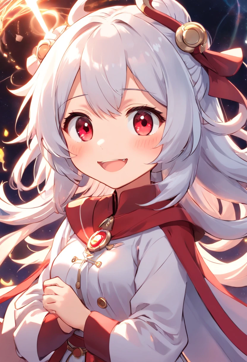 1girll, (Chibi:1.3),telegraph
Viewer View, Blushing, Smile, :D and, Open your mouth
magical girl, white hair, The long-haired, Red pupils,
While looking at the viewer,